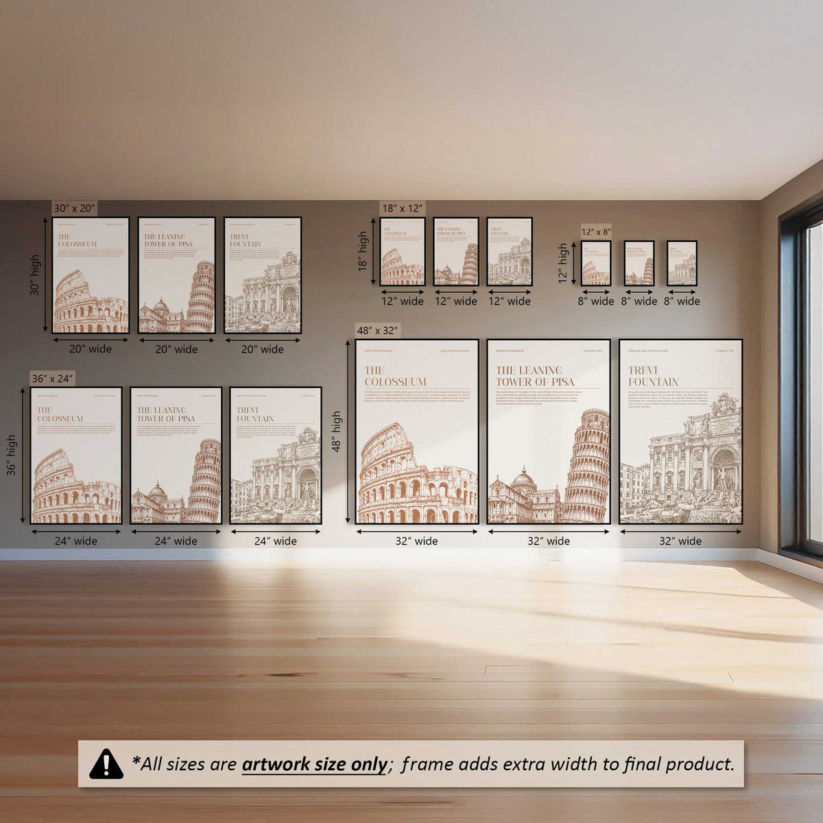 Italy Monuments Trio II, Set of 3 Prints on Canvas