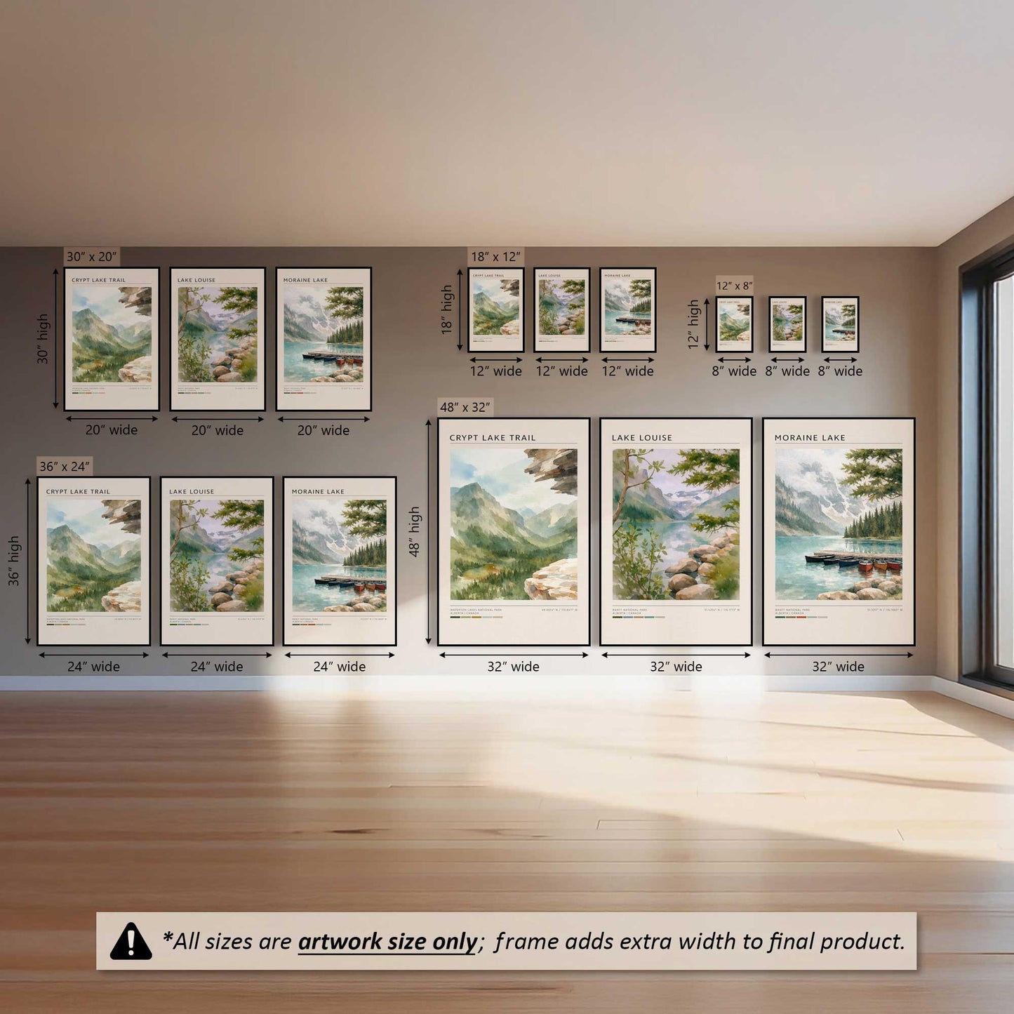 Crypt Lake, Lake Louise & Moraine Lake, Set of 3 Prints on Canvas