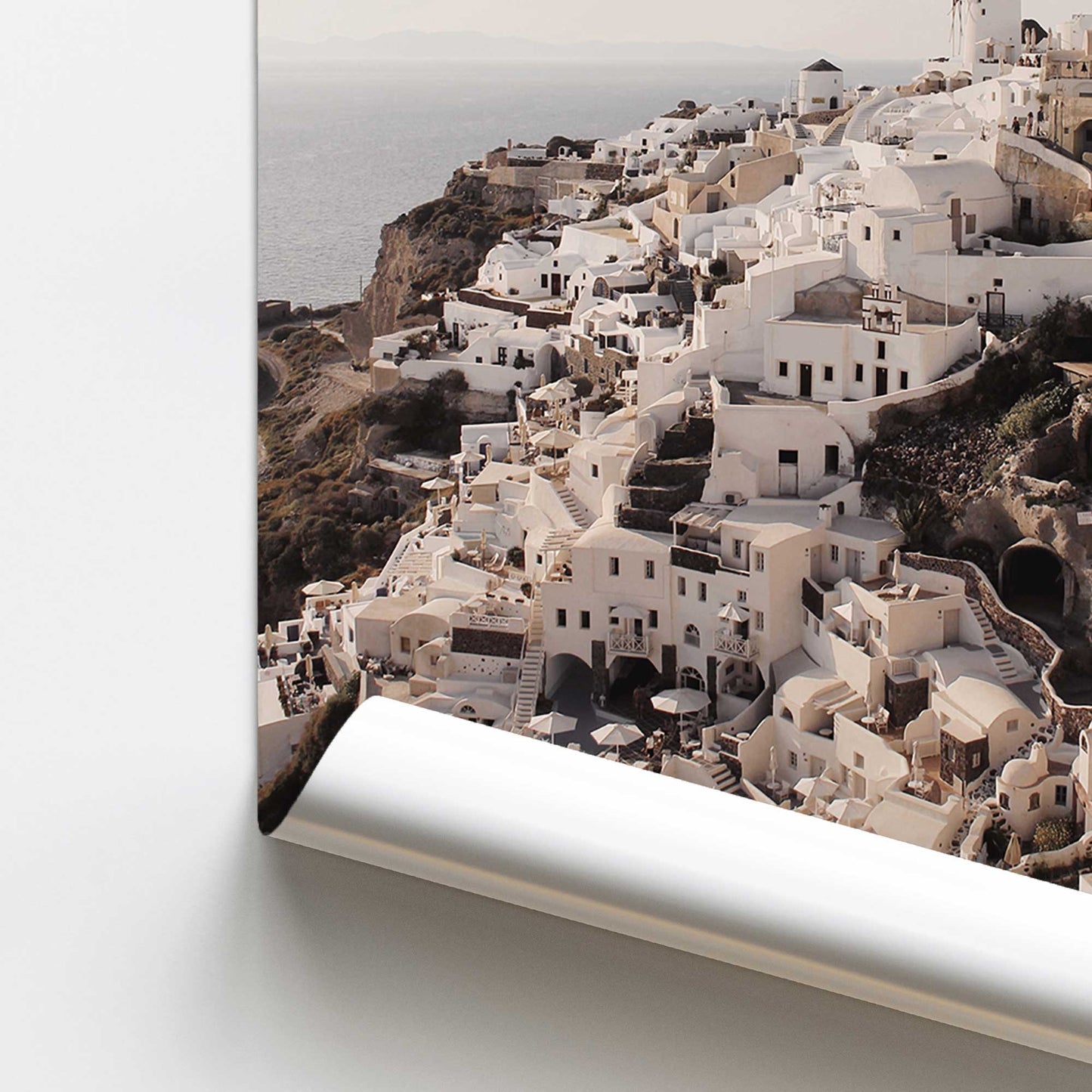 Santorini's Serene Cliffs Promotional Rolled Print