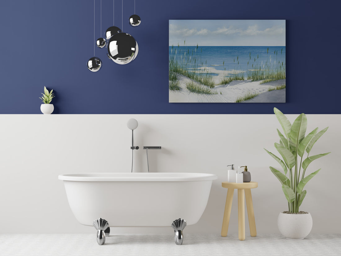 sandy whispers canvas art in a dark blue bathroom