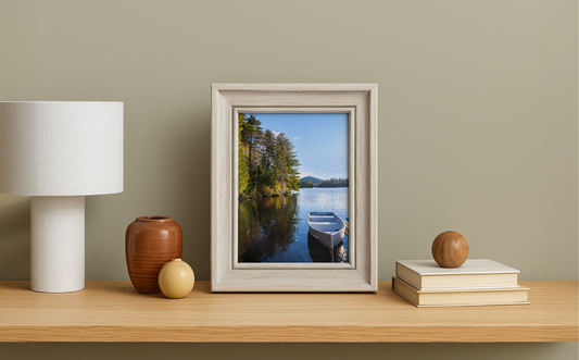 rustic wooden tabletop frame on a shelf