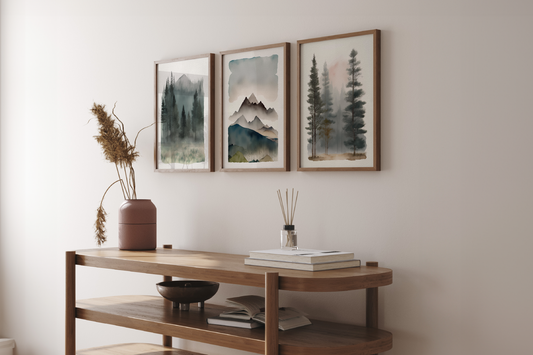 Staged home for sale with our set of 3 nordict art prints in wooden frames on the wall