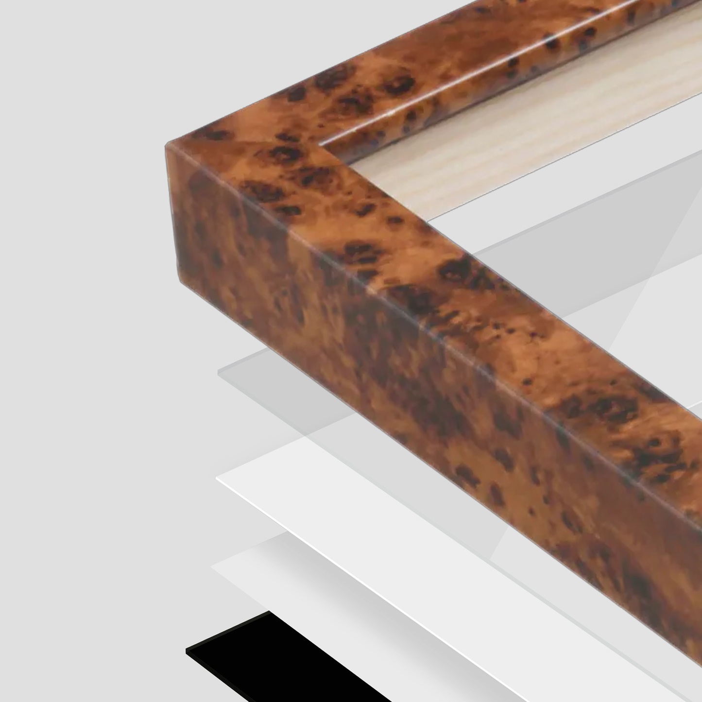 Amber Burlwood Verona Wall Frame corner Close up with layers broken out