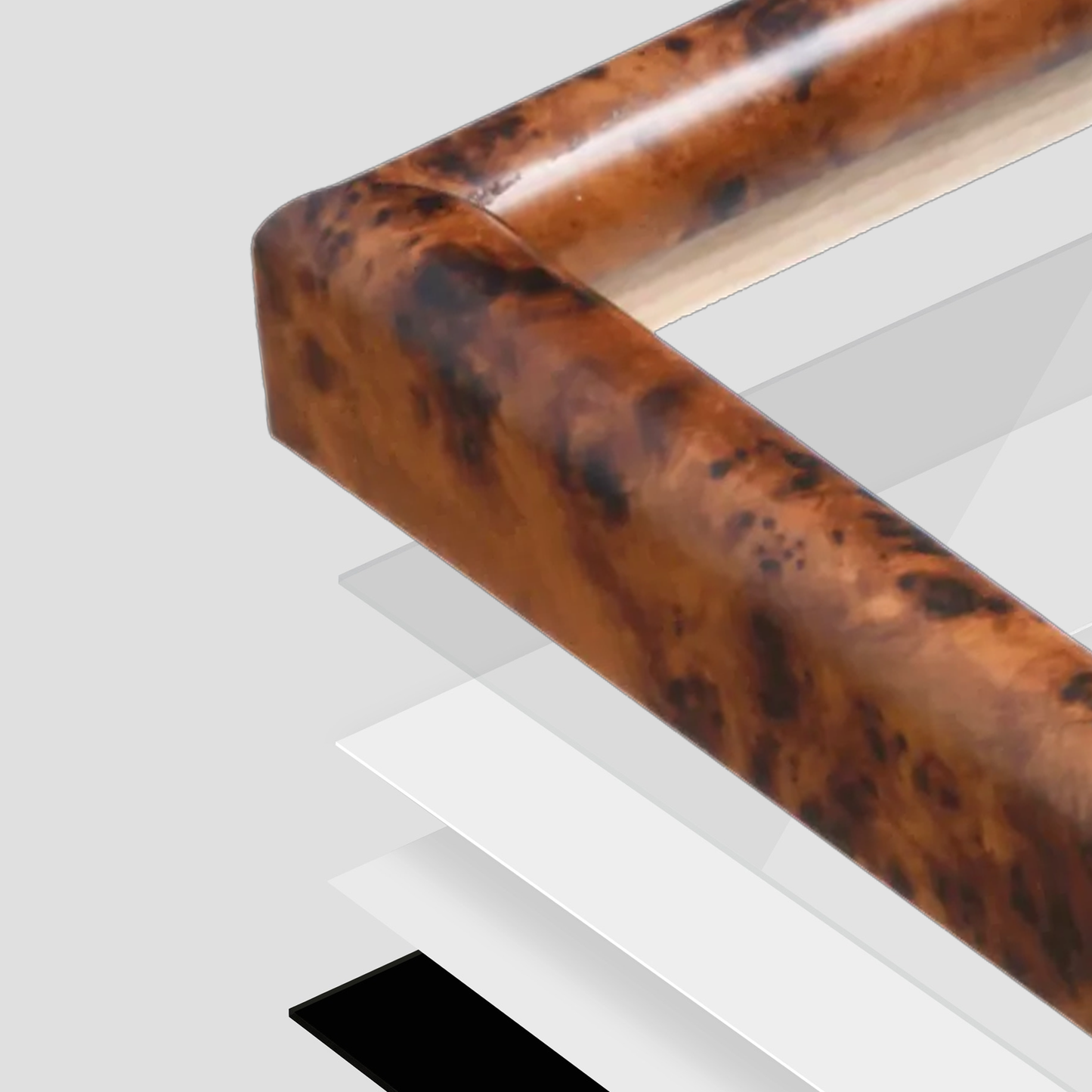 Amber Burlwood Milano Wall Frame corner Close up with layers broken out