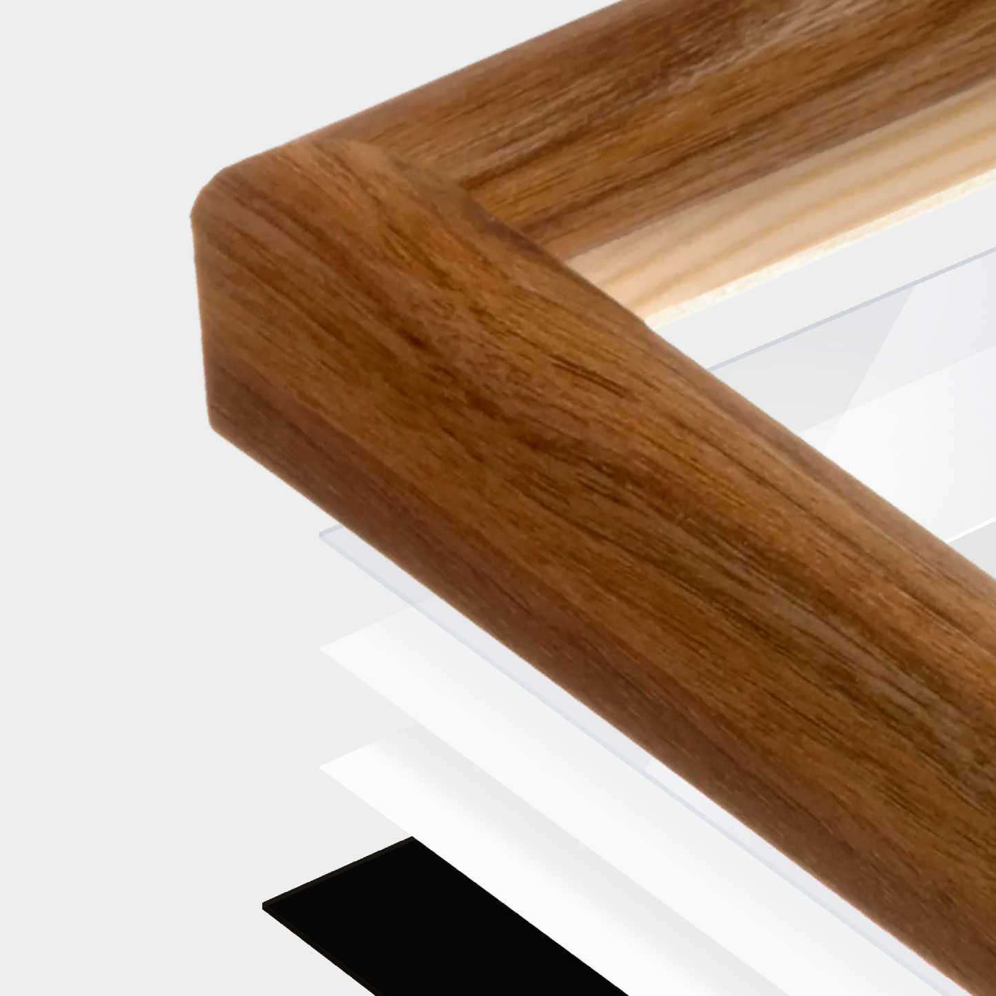 Light Walnut Hudson Narrows Wall Frame corner Close up with layers broken out