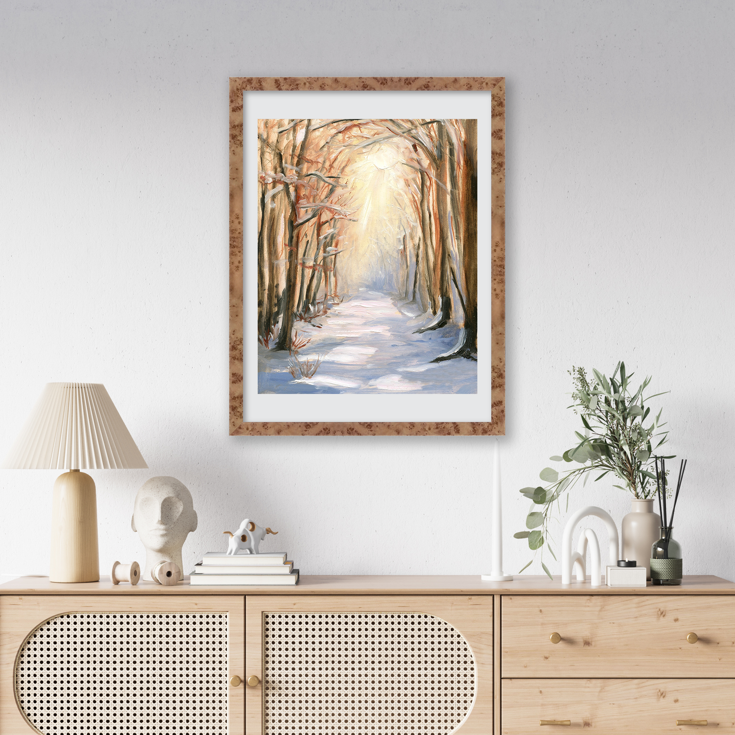 Caramel Burlwood Lucca Wall Frame Hanging on the wall