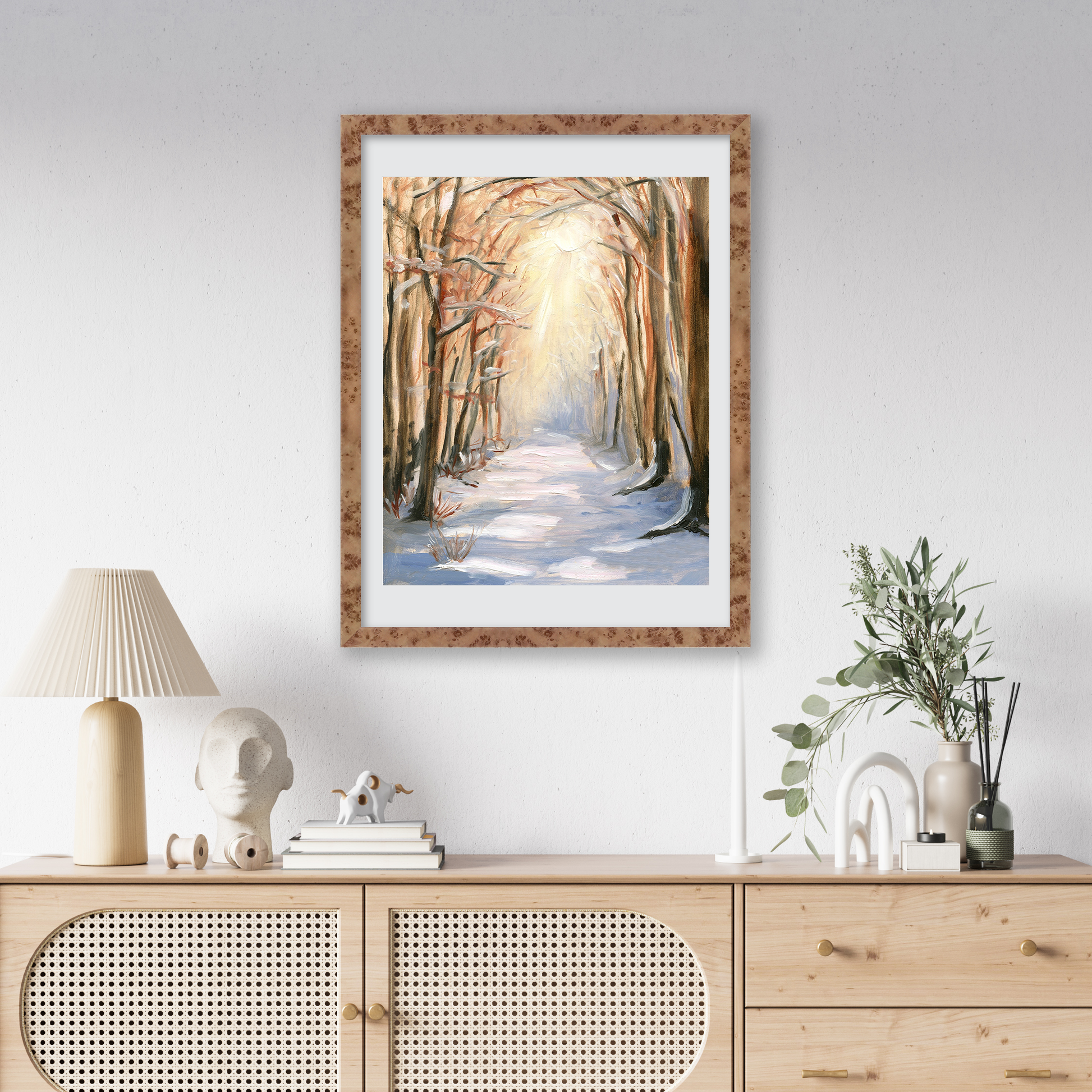 Caramel Burlwood Lucca Wall Frame Hanging on the wall