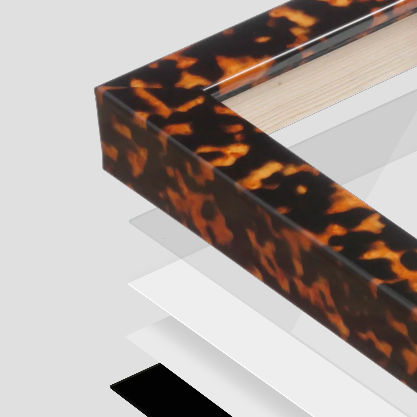 Tortoise Burlwood Lucca Wall Frame corner Close up with layers broken out