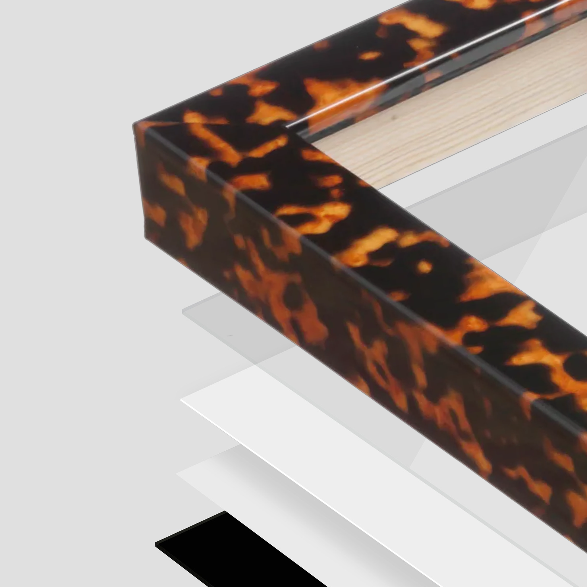 Tortoise Burlwood Lucca Wall Frame corner Close up with layers broken out