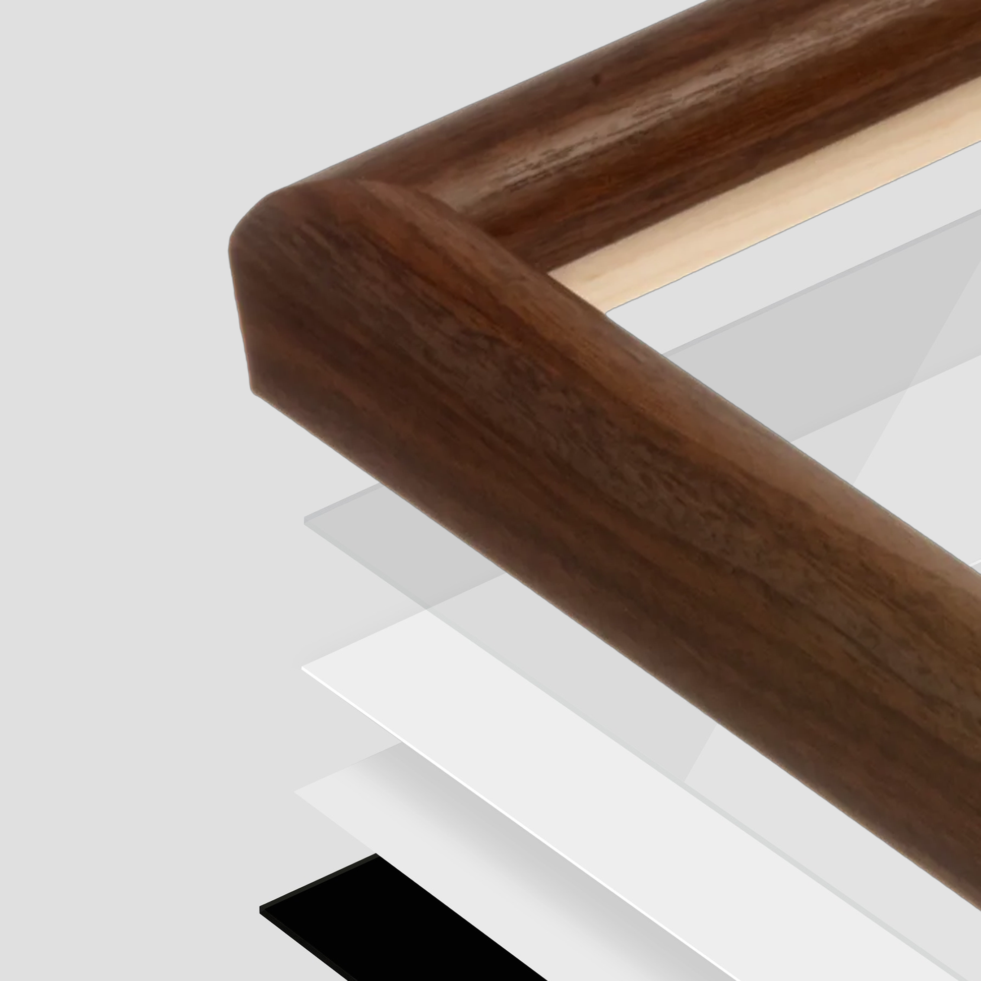 Dark Walnut Hudson Wall Frame corner Close up with layers broken out