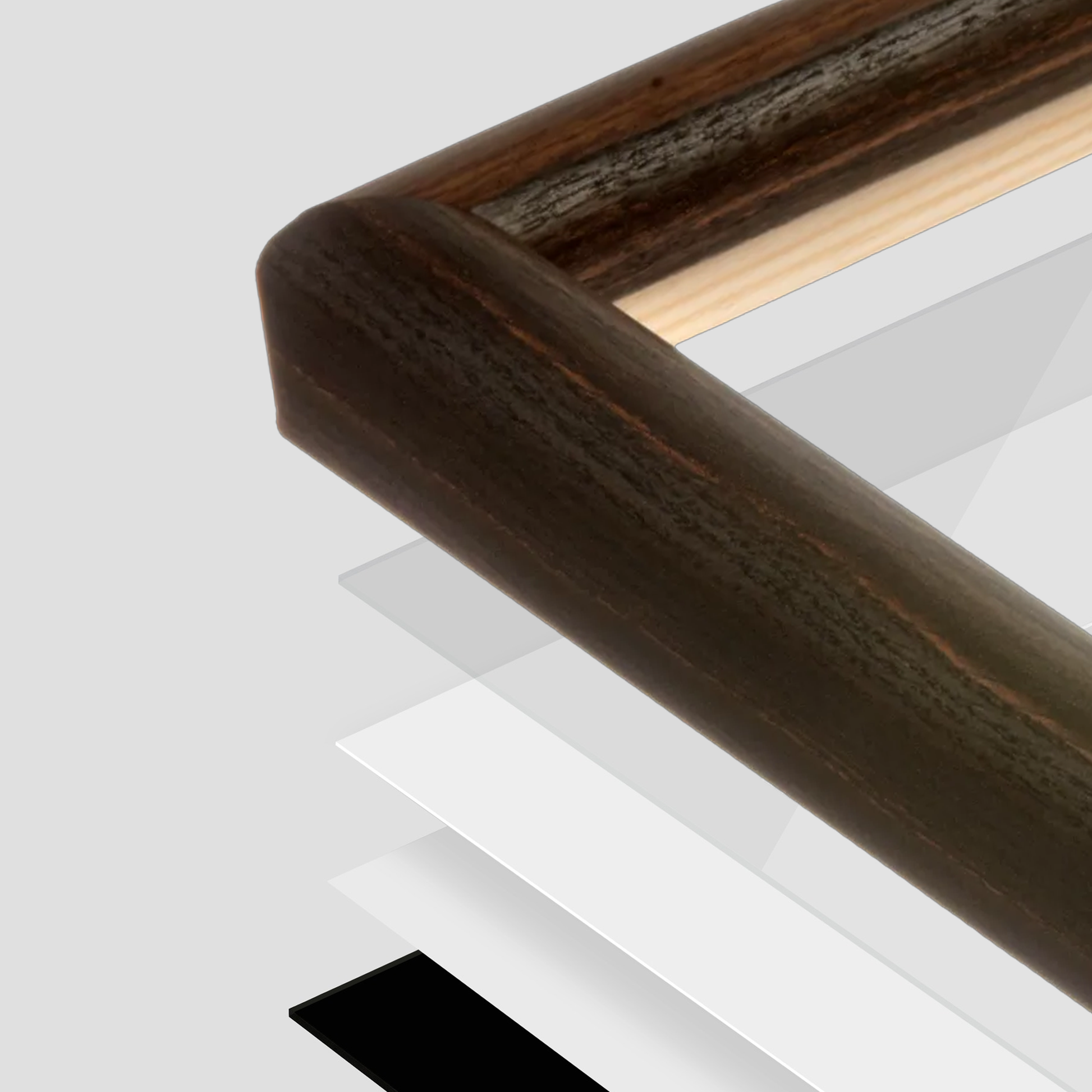 Dark Oak Hudson Wall Frame corner Close up with layers broken out