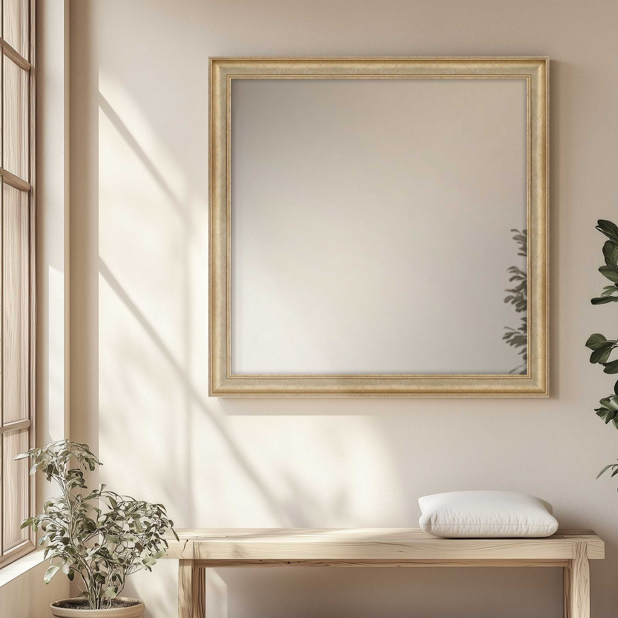 warm silver elegant wall mirror hanging above a bench