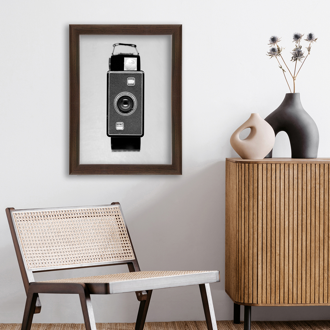 dark oak hudson valley wall frame framing a black and white photograph of a camera