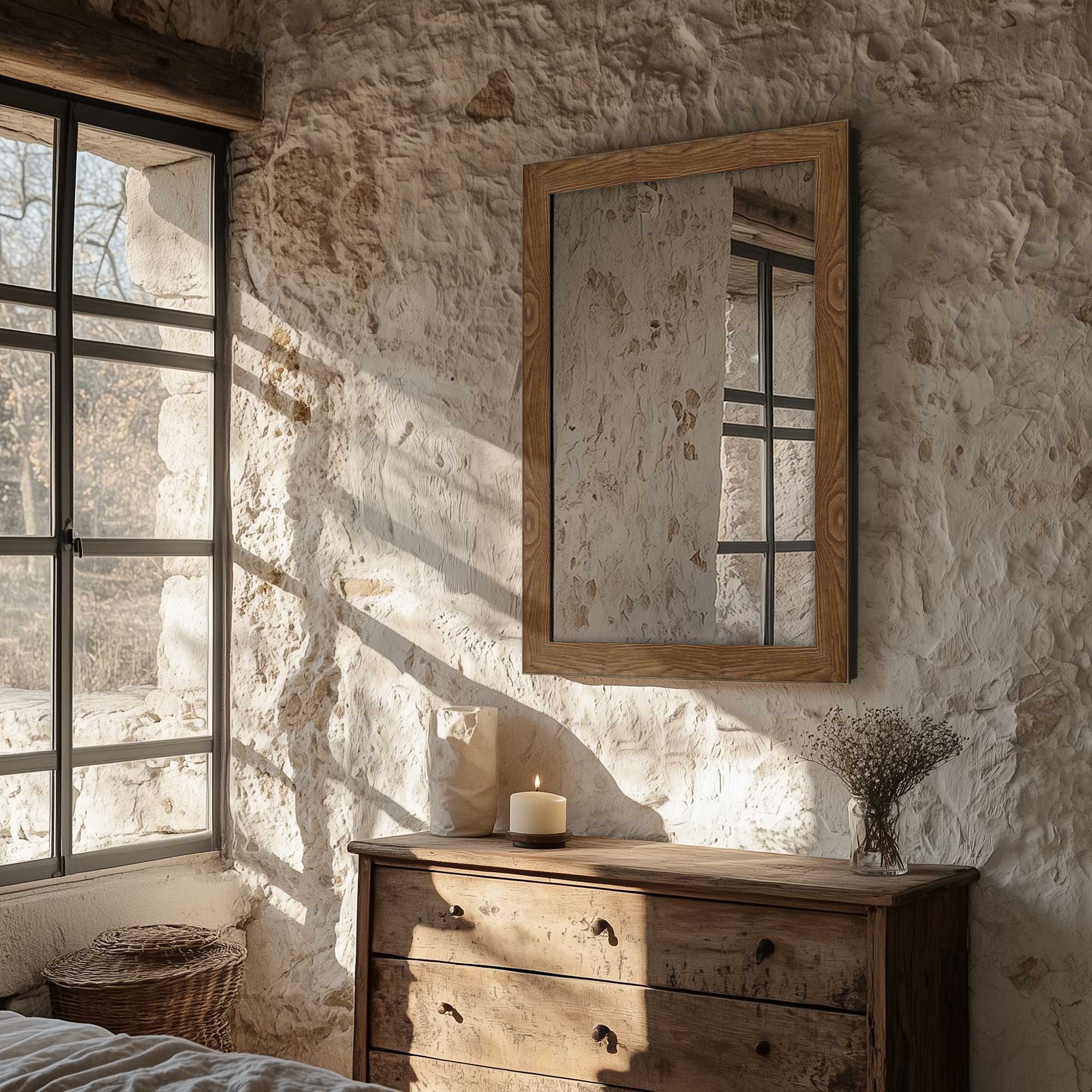 smoked pine slim modern wall mirror hanging in rustic bedroom