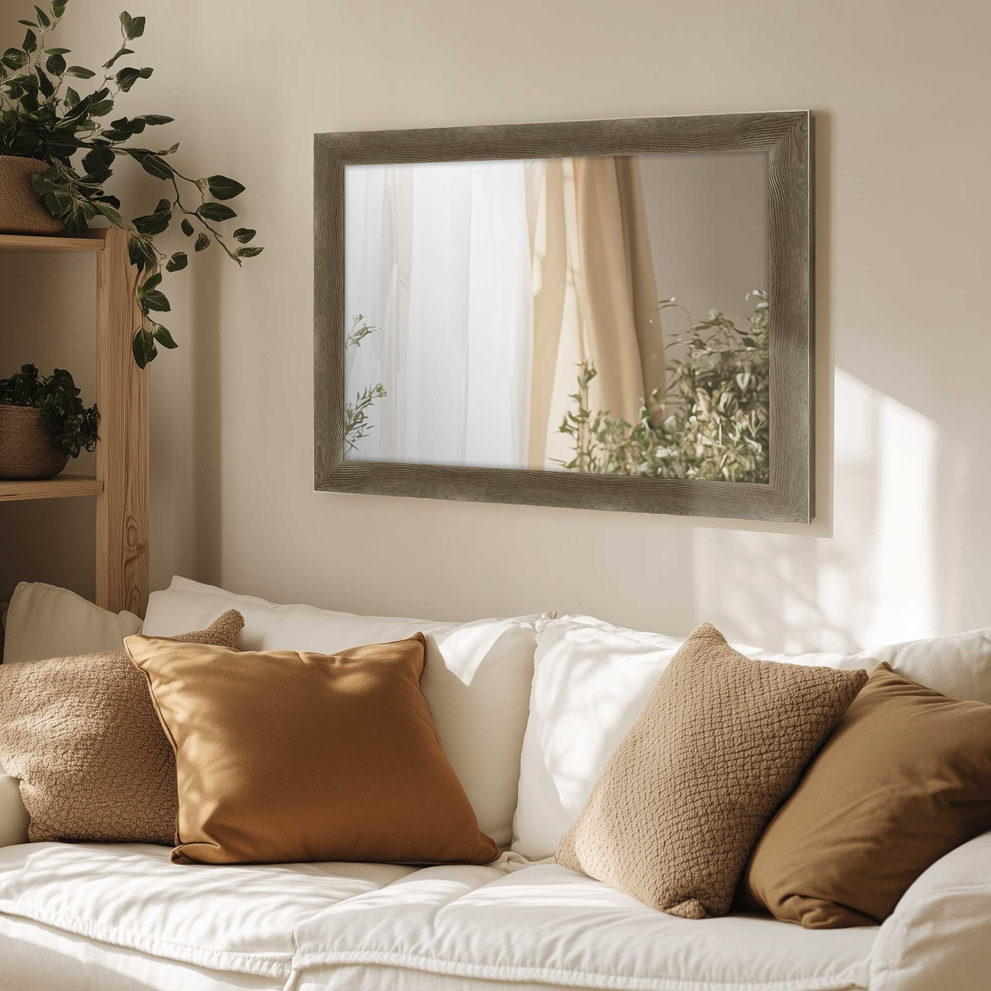 Soft Gray Modern Wall Mirror hanging above a couch