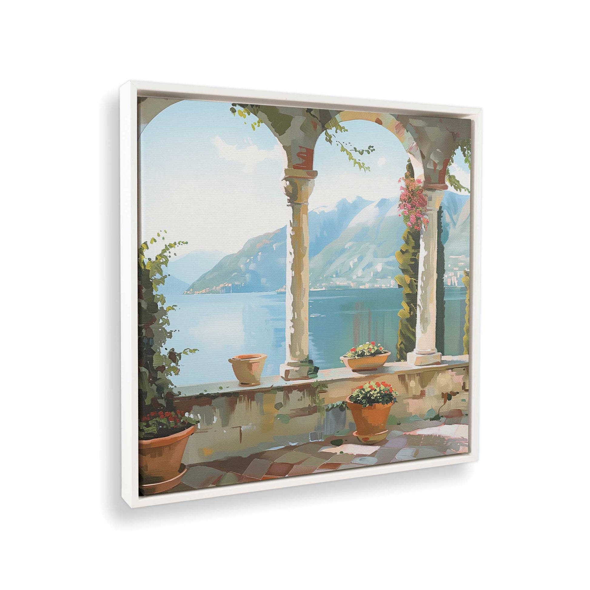 [Color:Opaque White],[shape:square], Picture of art in a White frame at an angle