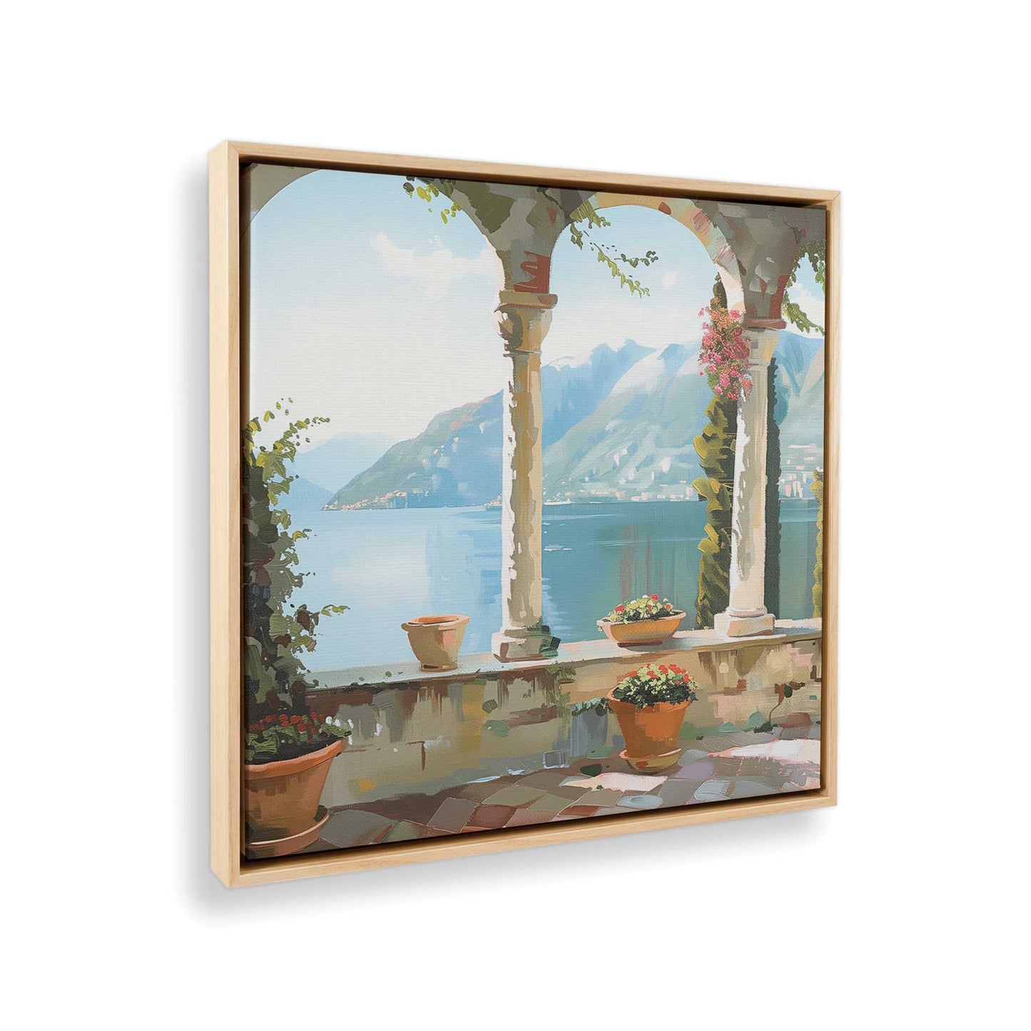 [Color:American Maple],[shape:square], Picture of art in a American Maple frame at an angle