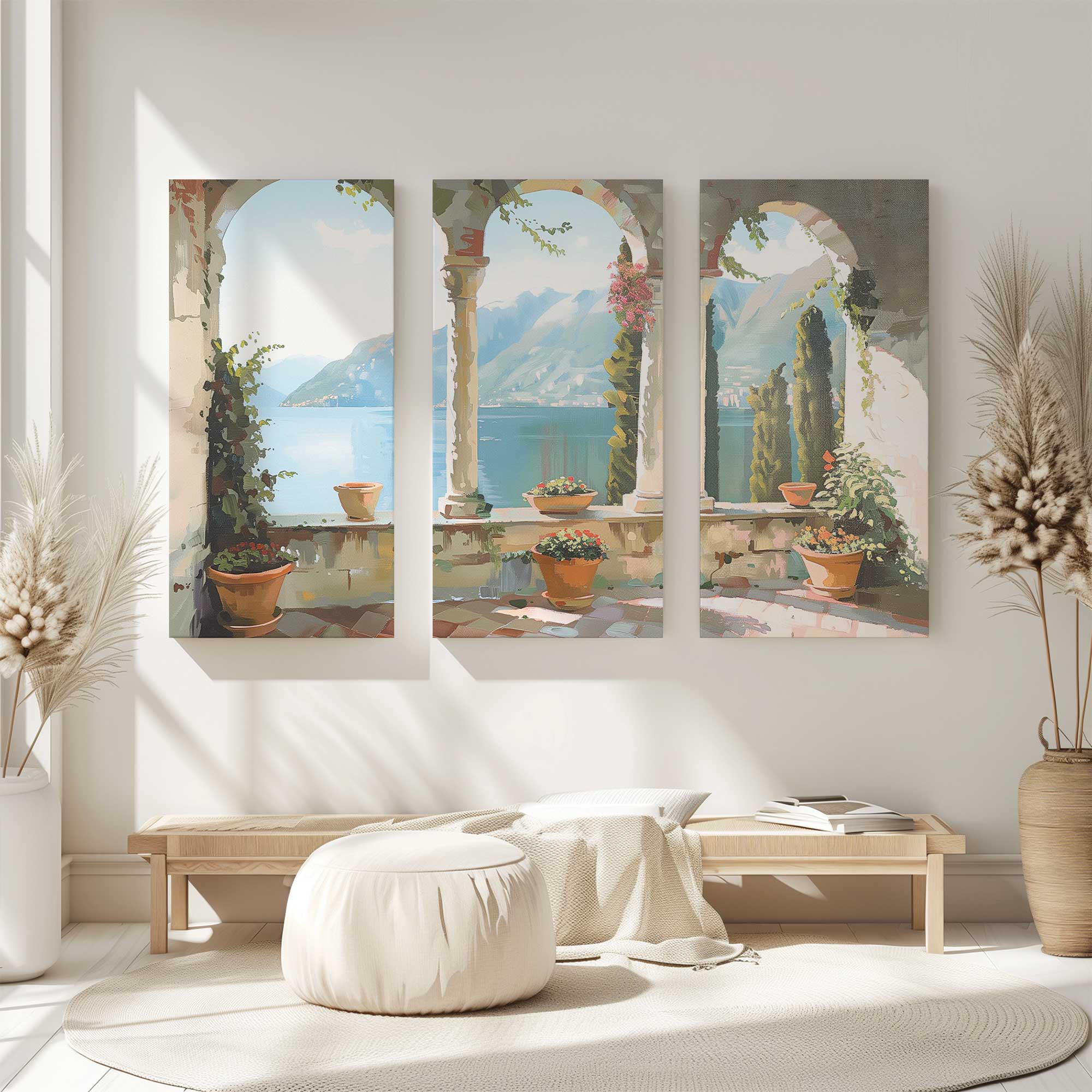 lakeside repose 3 piece split large canvas pring on a cozy corner