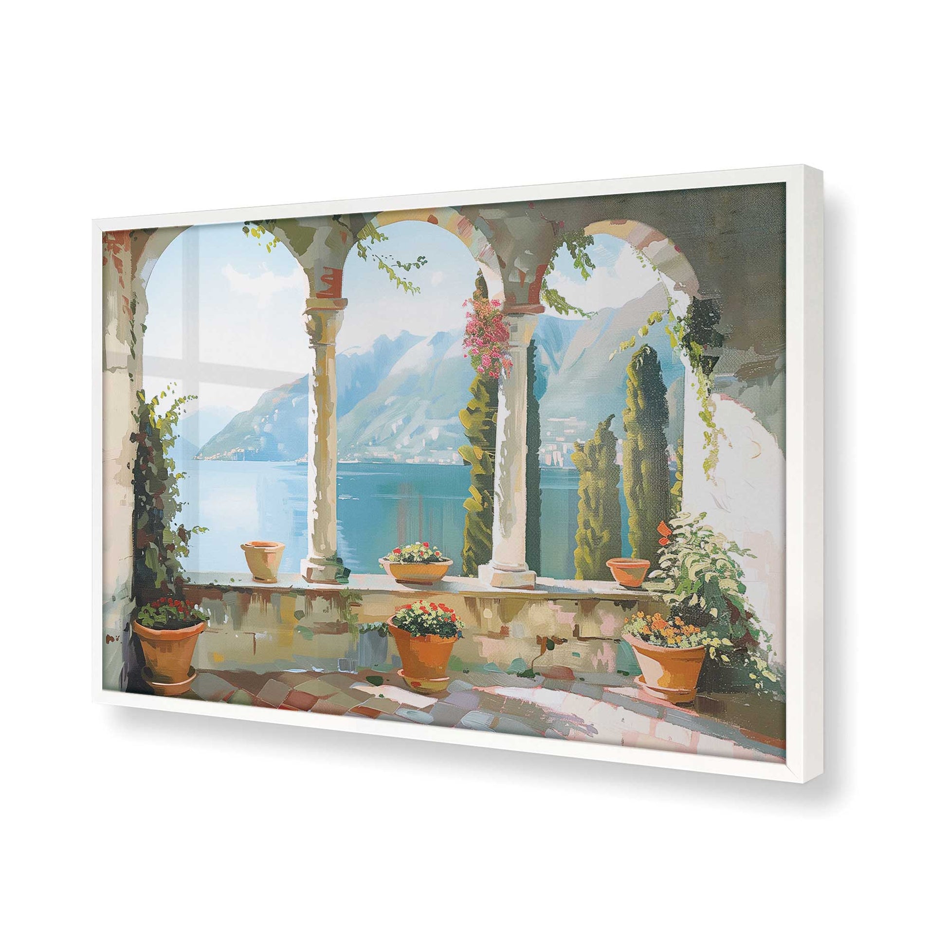 [Color:Opaque White],[shape:rectangle] Picture of art in a Opaque White frame at an angle