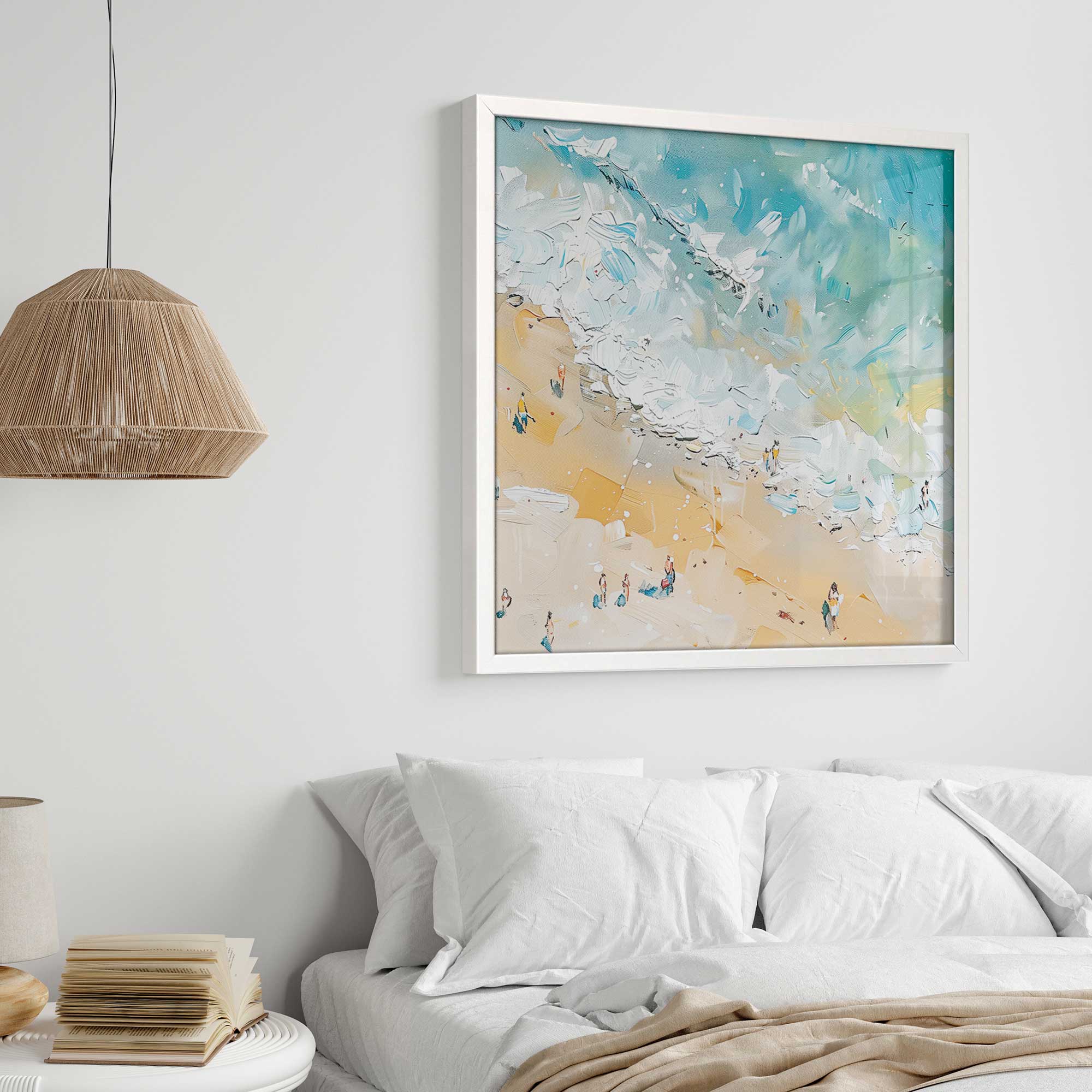 Sandy  Serenade Square Print in a white frame on a bedroom wall