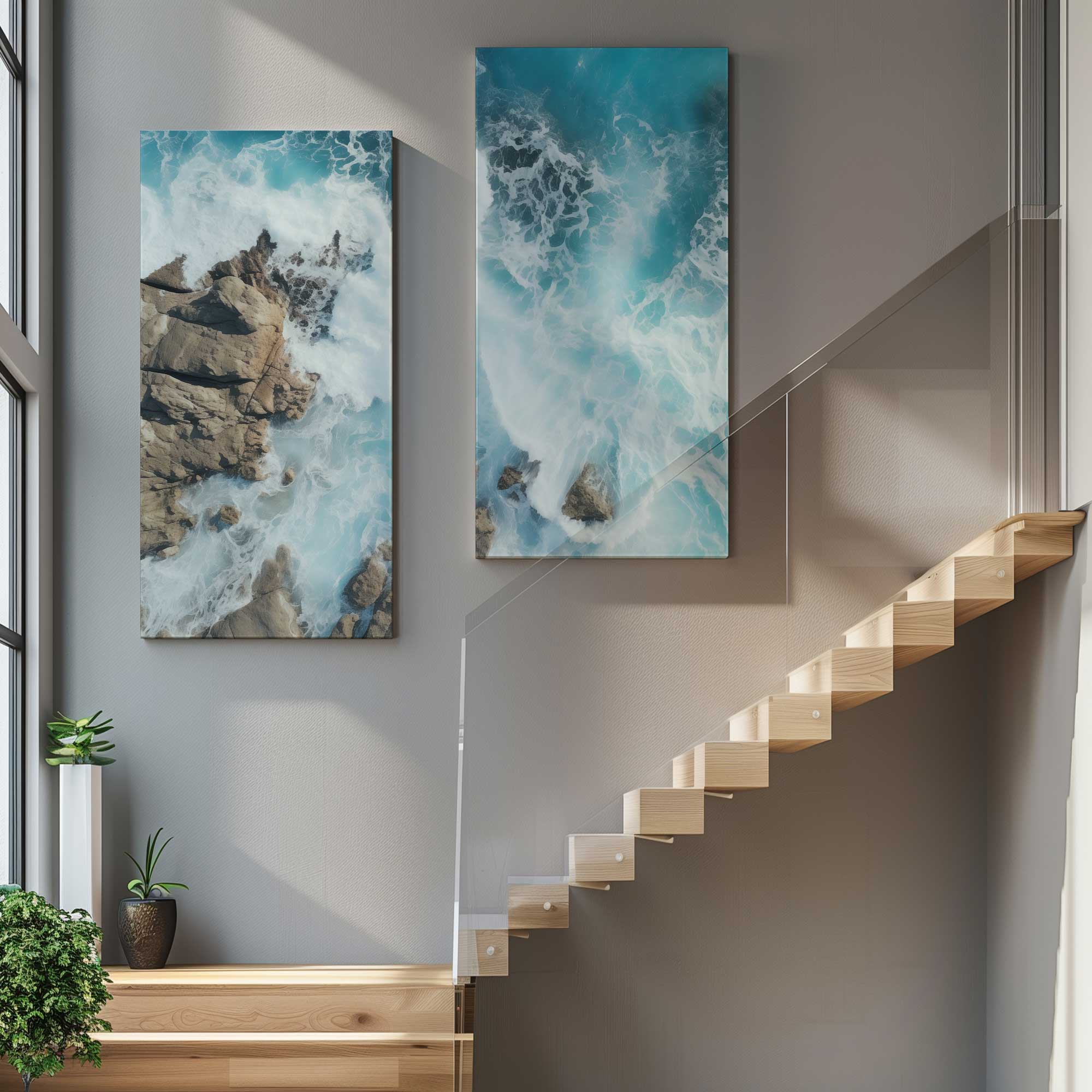 sapphire Seaside Dance split large canvas art in stairway corner