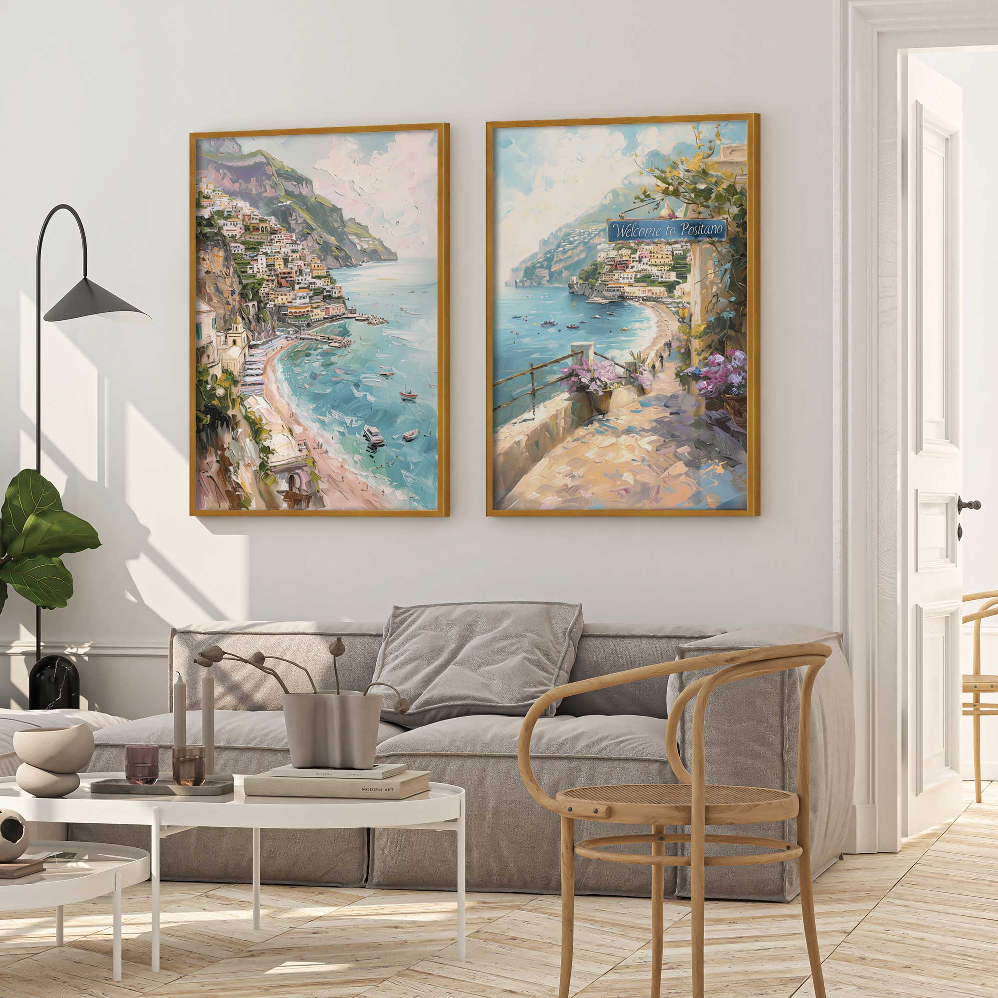 coastal charm paradise set of 2 prints in a cozy reading room