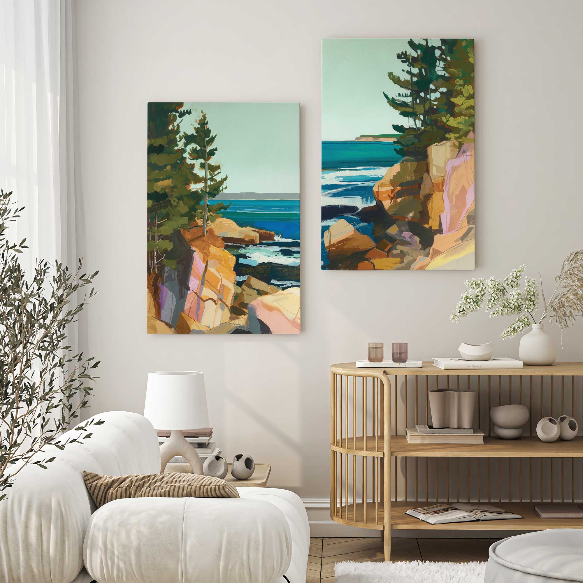 seacliff whispers set of 2 canvas prints showing rocky coastline with trees