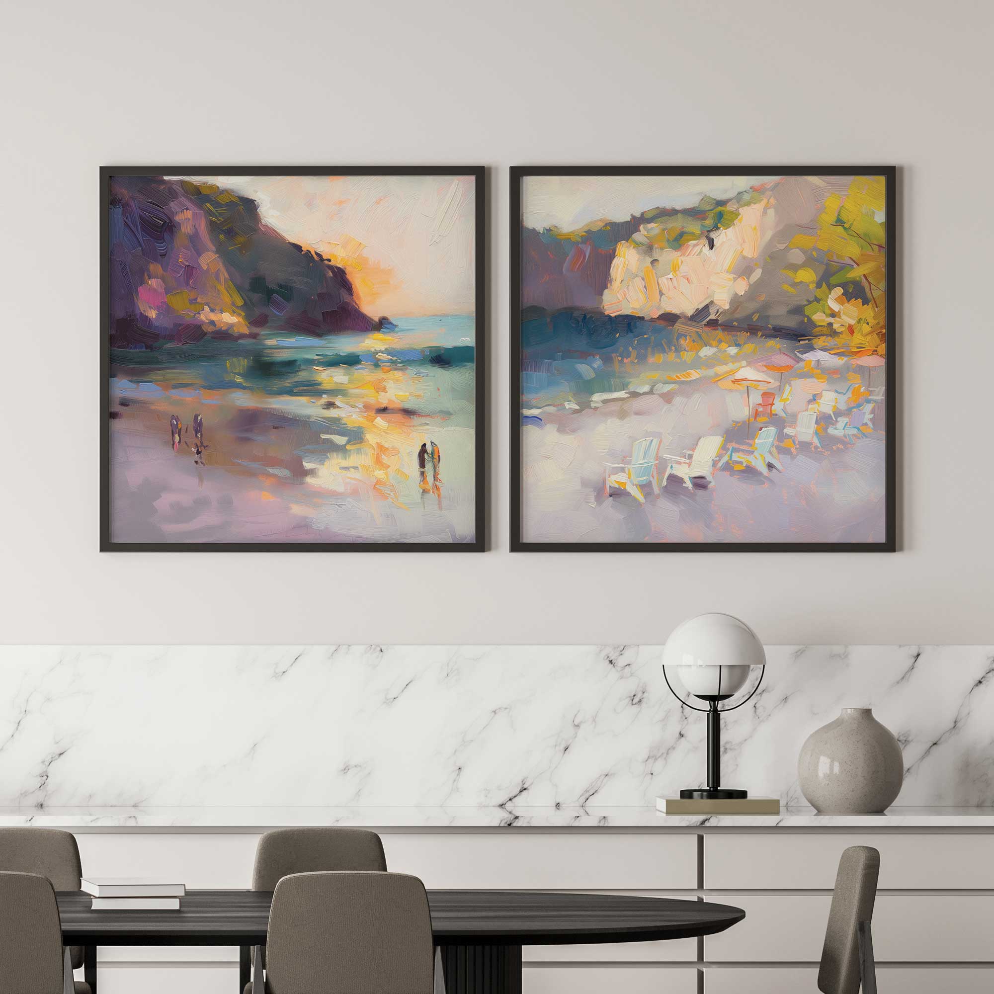 nocturne sunset soiree set of 2 prints on a diing room wall