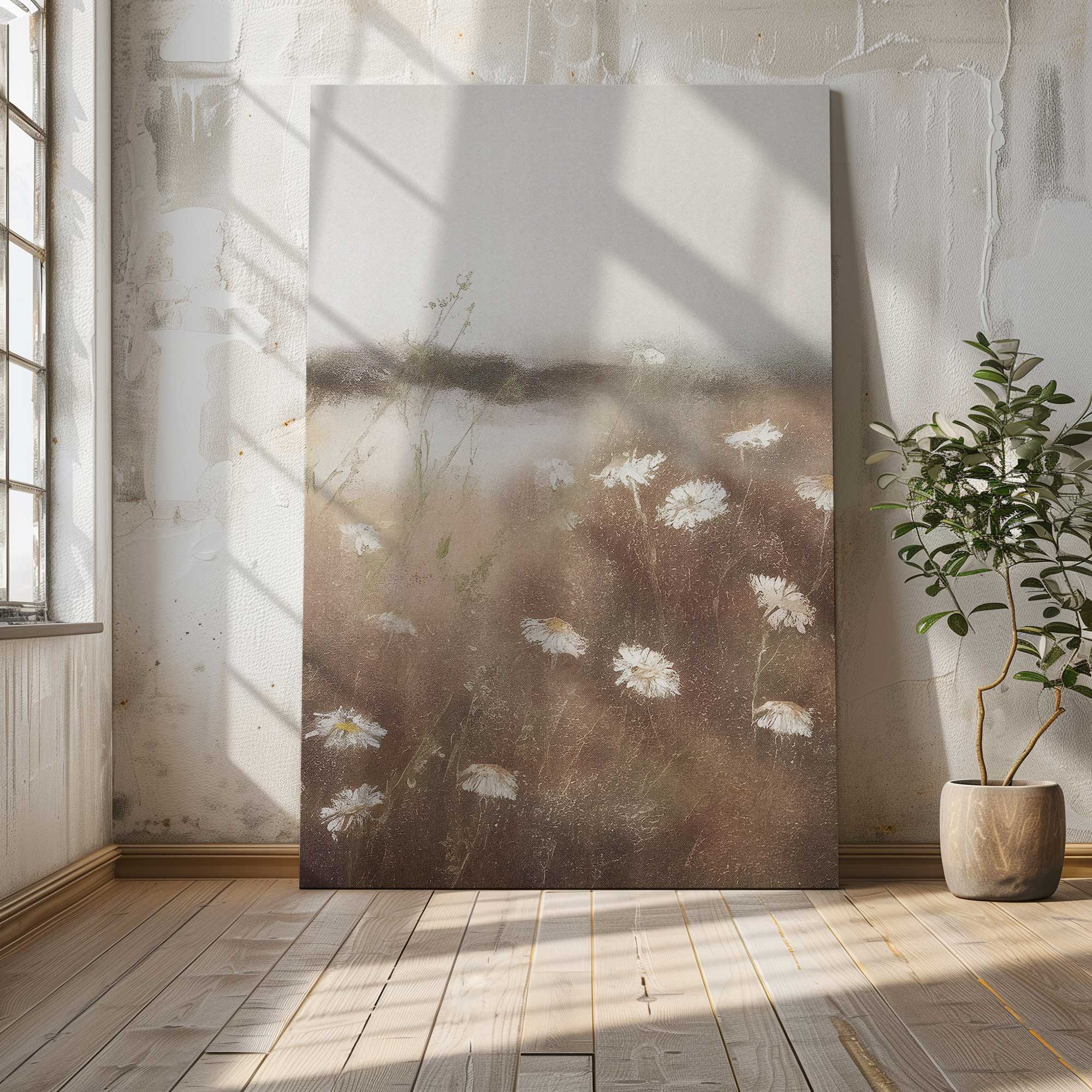 Misty Meadows II large canvas print leaning against the wall