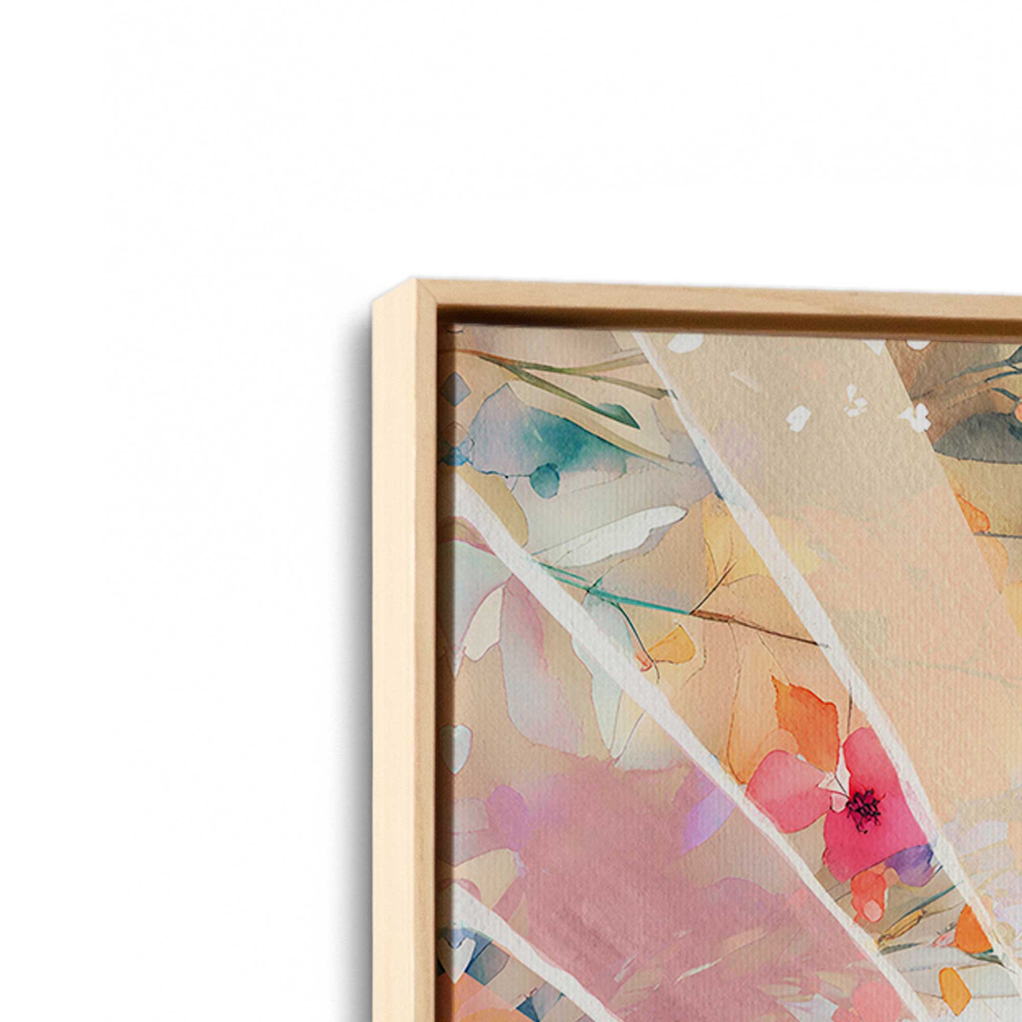 gentle floral sunburst print on canvas in a maple floater frame corner close up