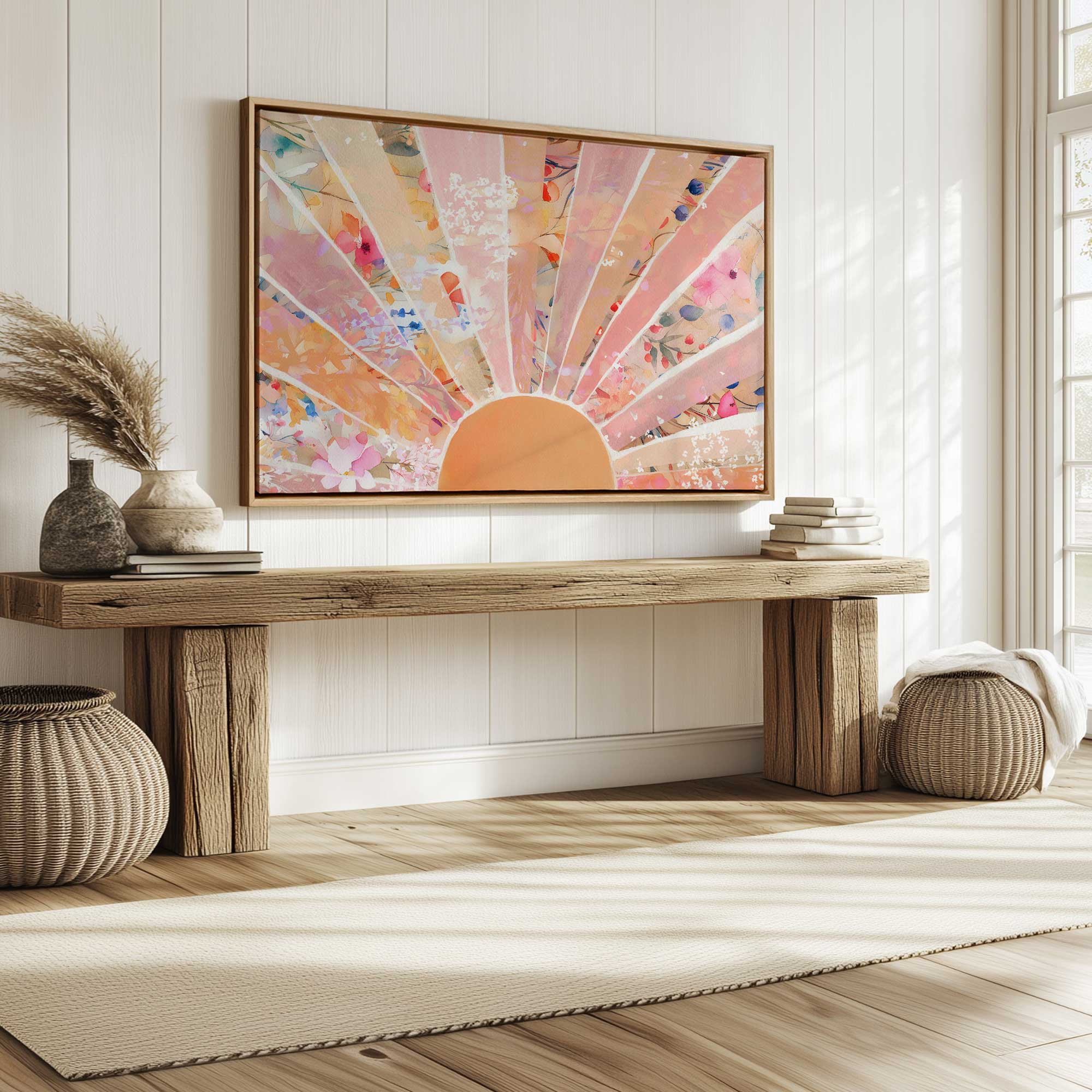 gentle floral sunburst print on canvas in a maple floater frame hanging in a room