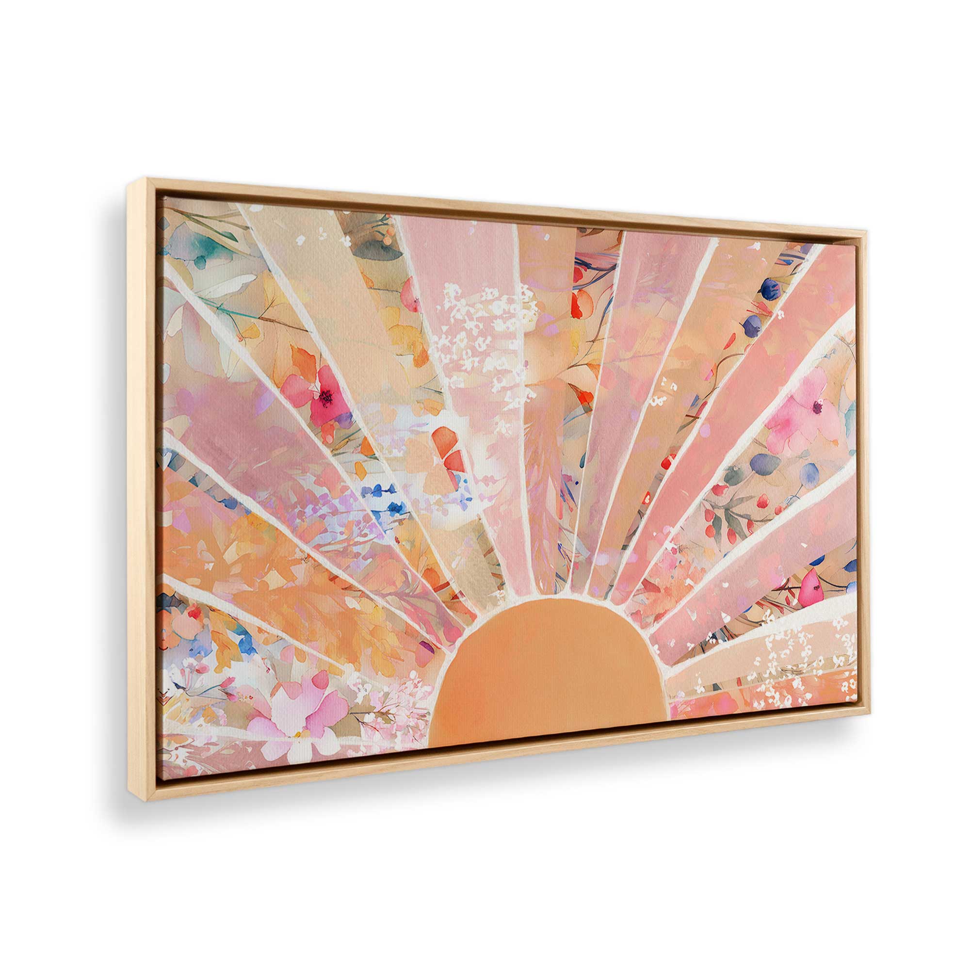 gentle floral sunburst print on canvas in a maple floater frame full art view