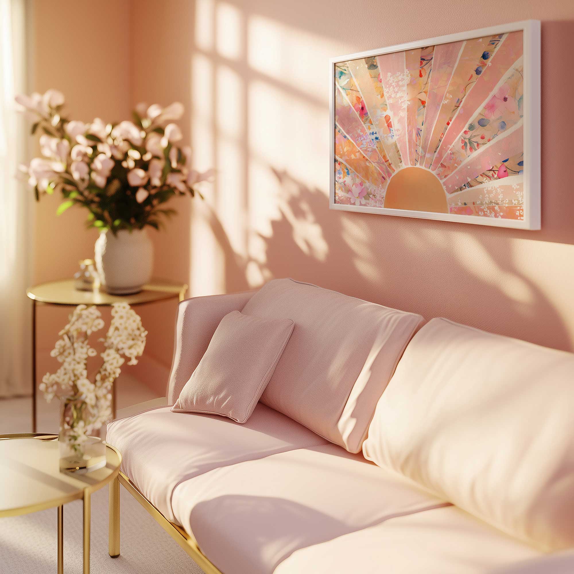 gentle floral sunburst paper art print in a white frame hanging in a room