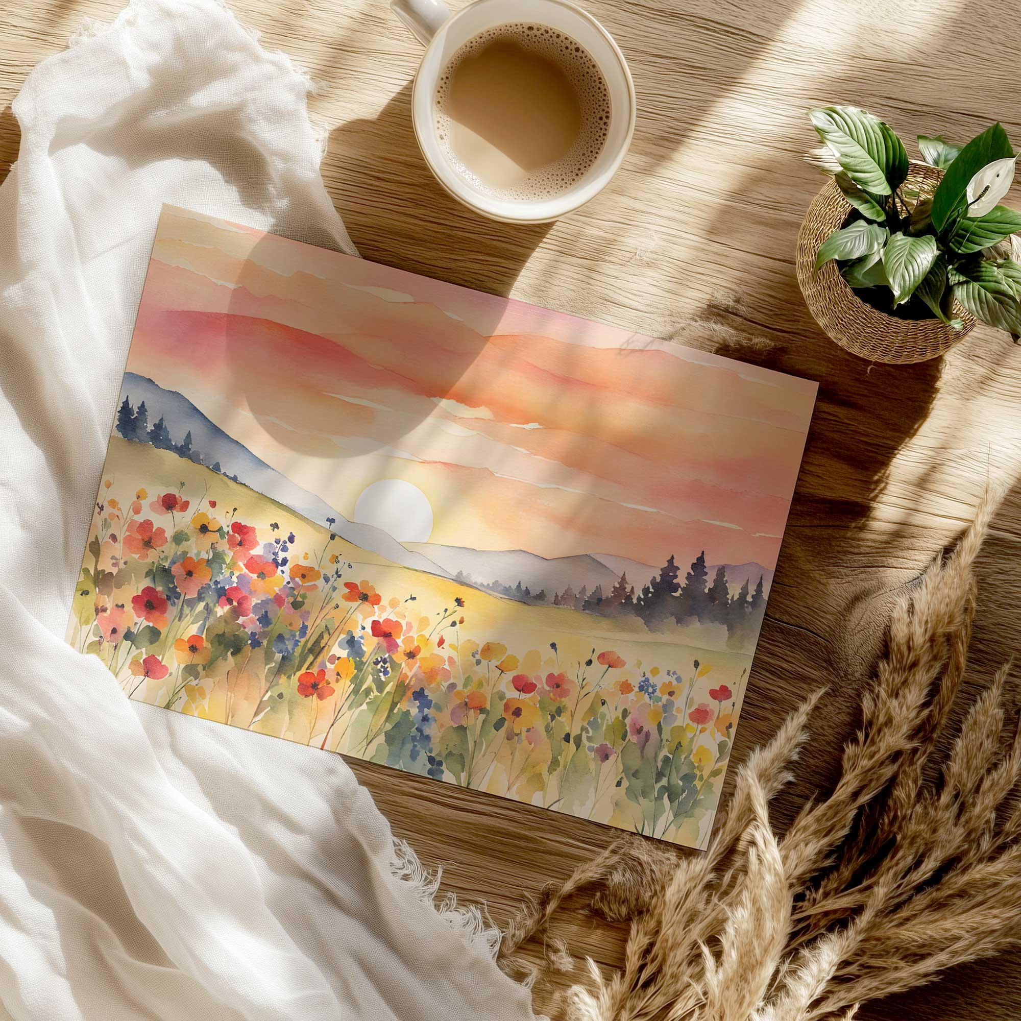 rolling hills and wildflowers art print on a countertop