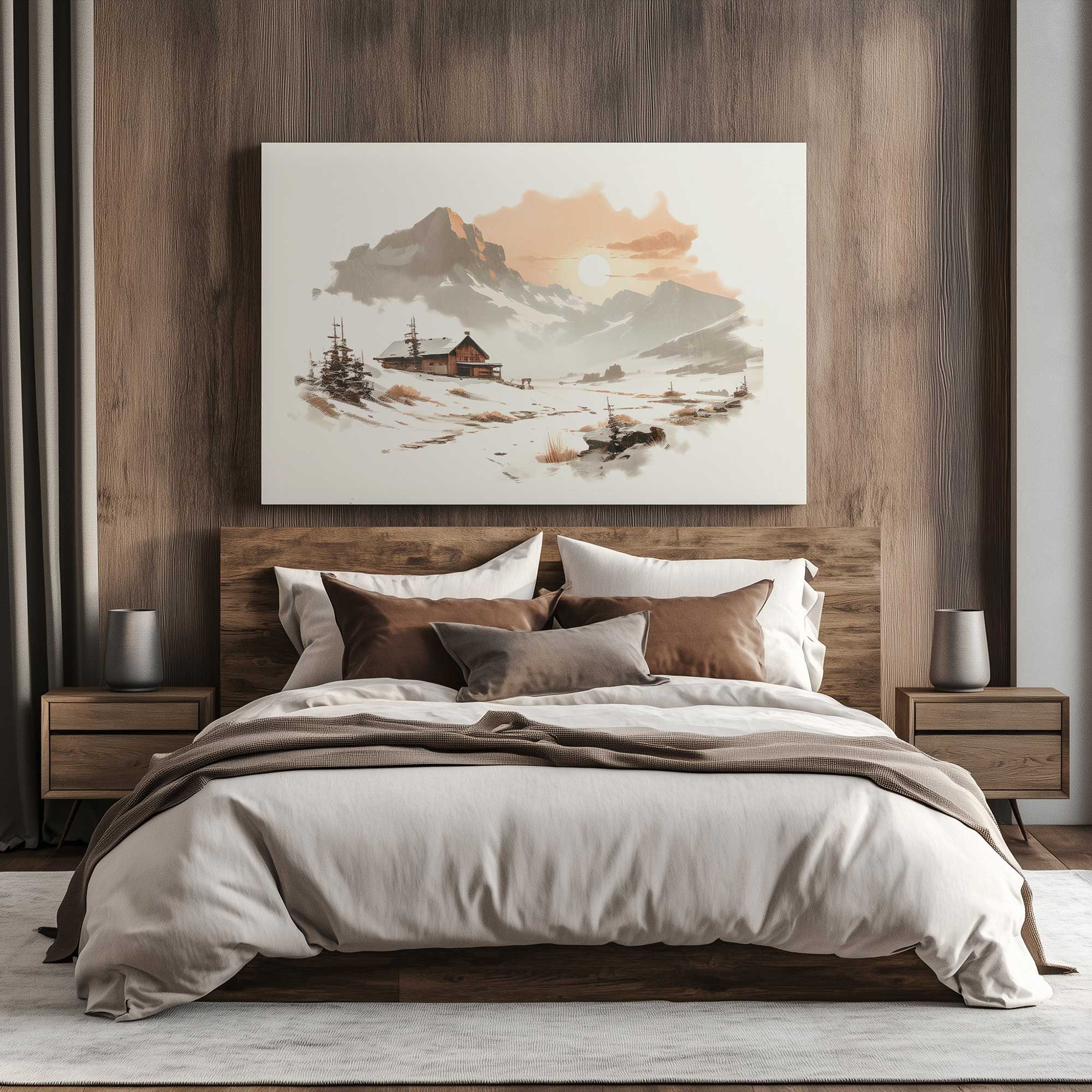 winter's quiet refuge I stretched canvas print hanging above a bed