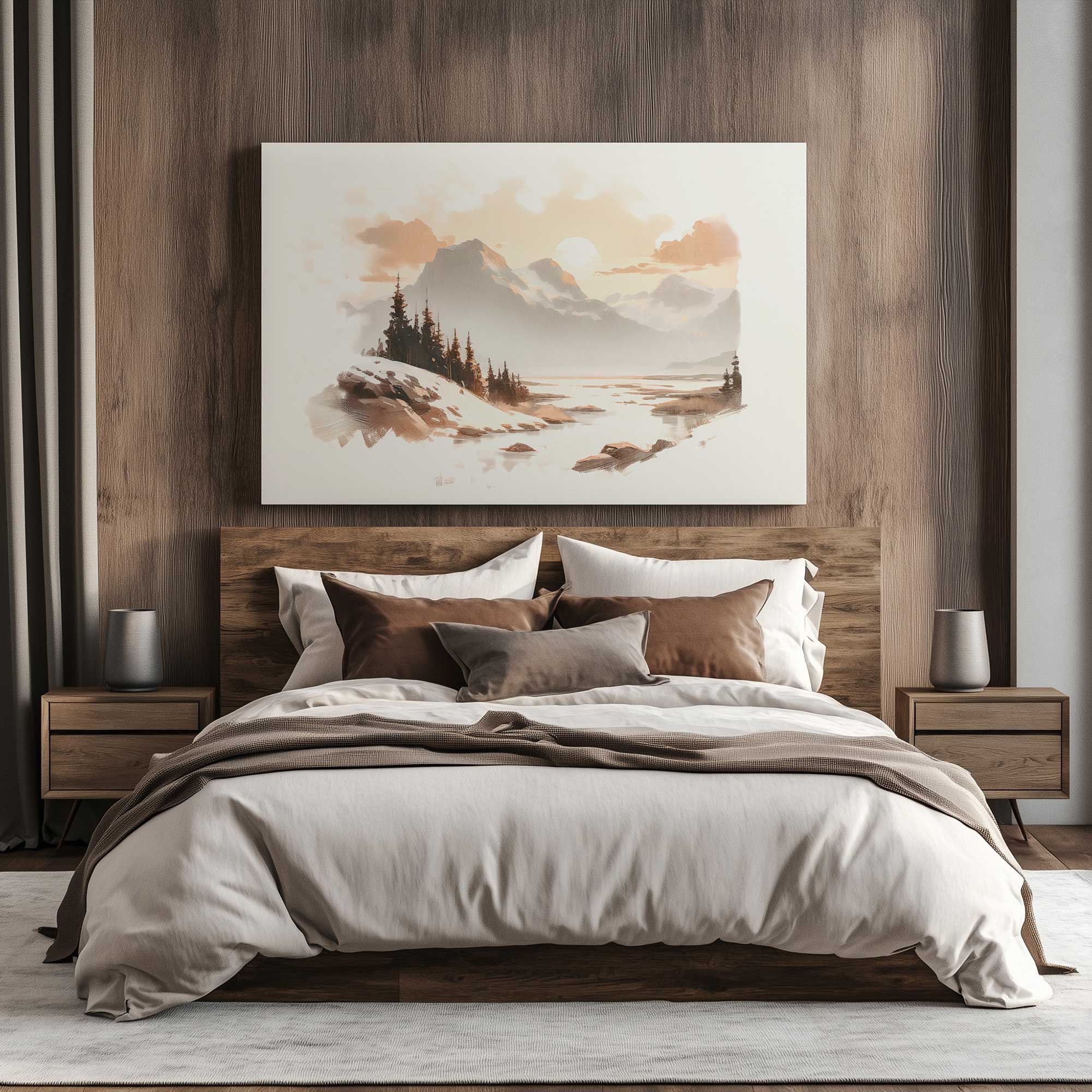 winter's quiet refuge II print on canvas hanging above bed in a brown-toned bedroom