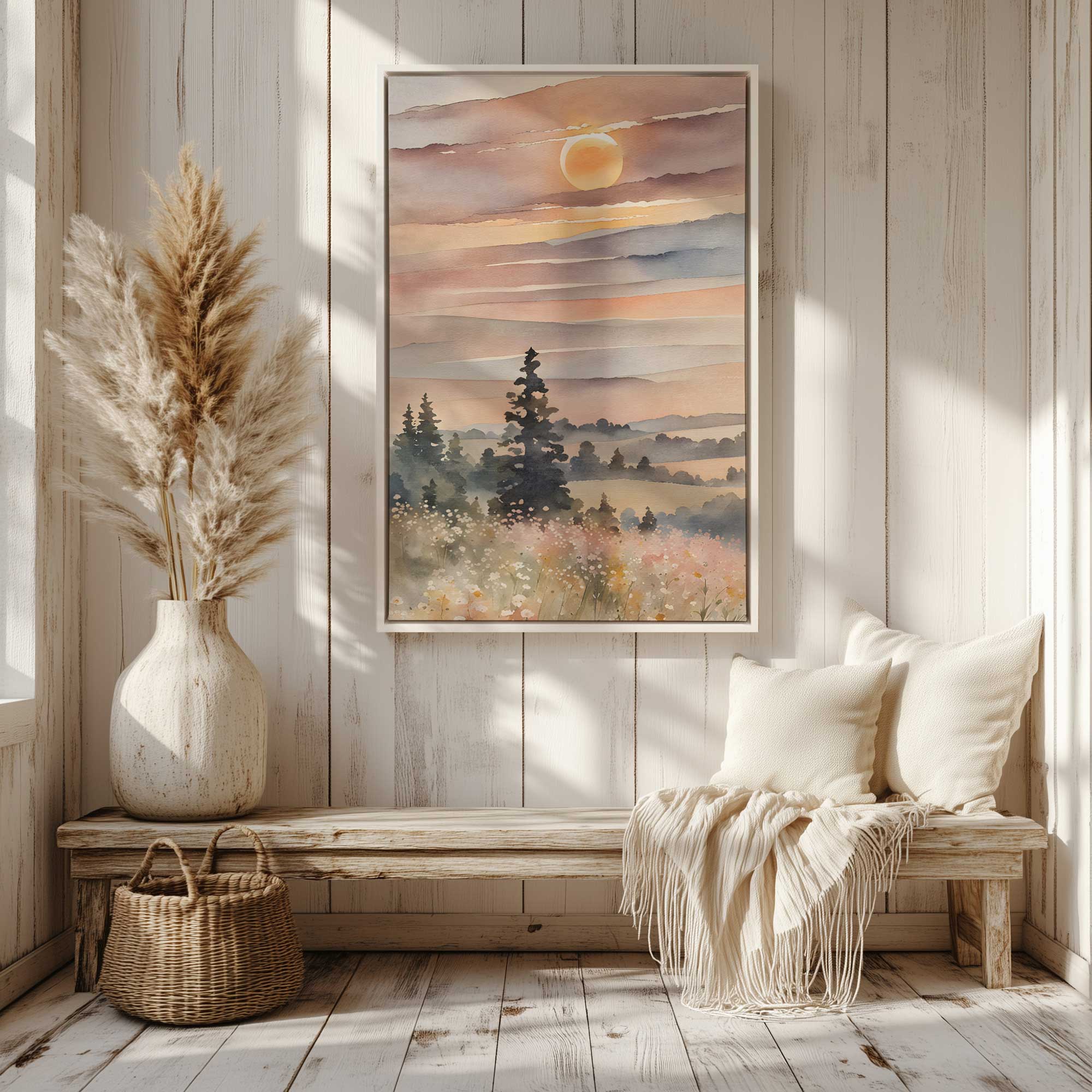 sunset in blooming valley II print hanging in entryway