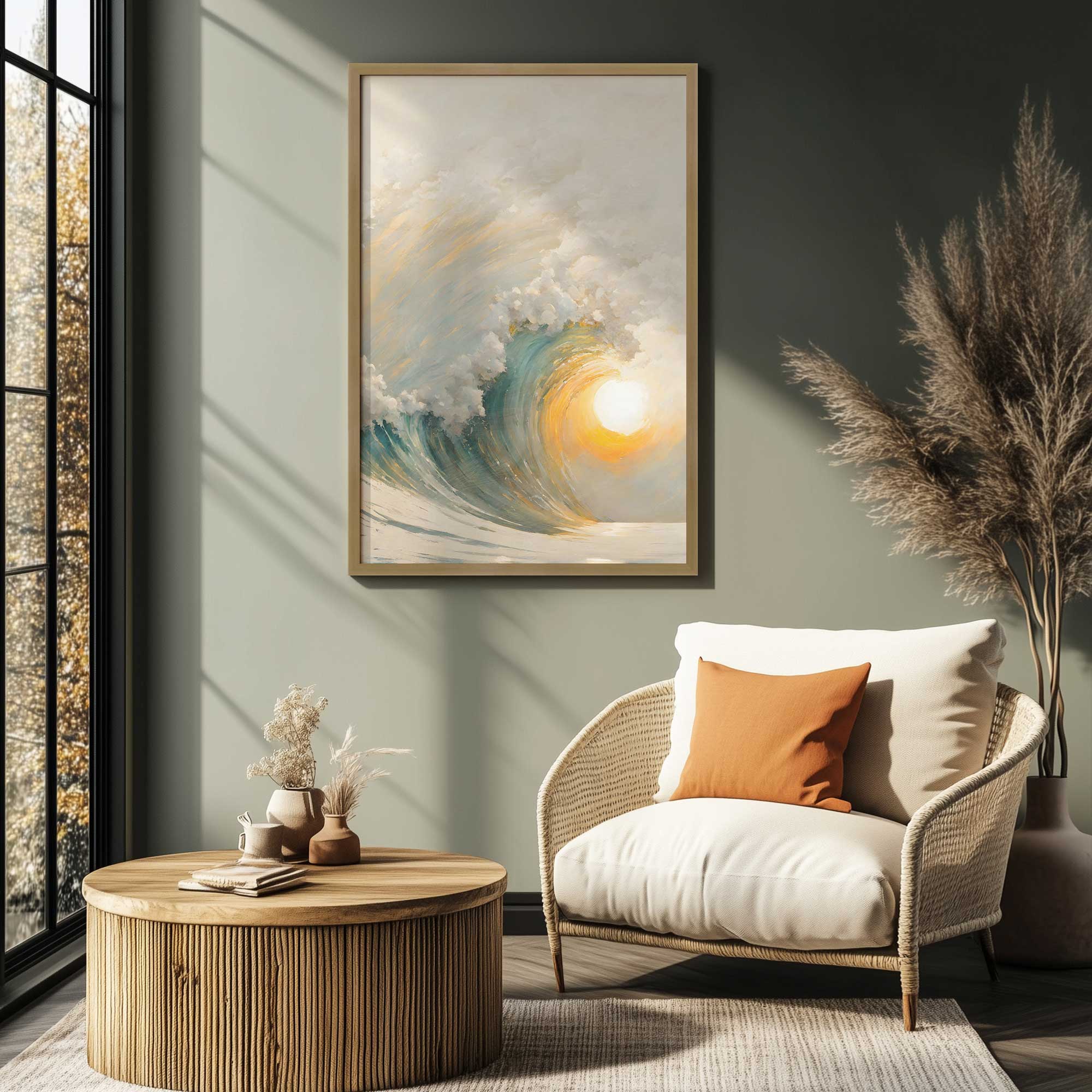 Waves at Sunset II watercolor print hanging by window