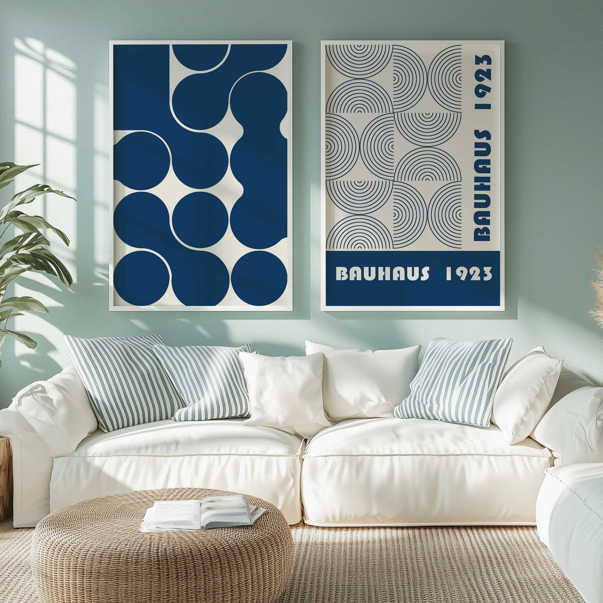 1923 Bauhaus Blue Geometry Set of 2 prints hanging above a couch