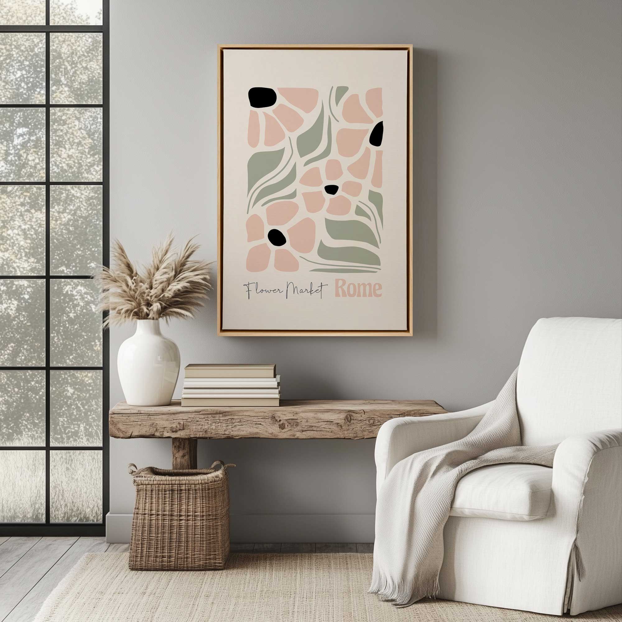 soft floral Rome print on canvas in a maple floater frame hanging in a Scandinavian style sitting room