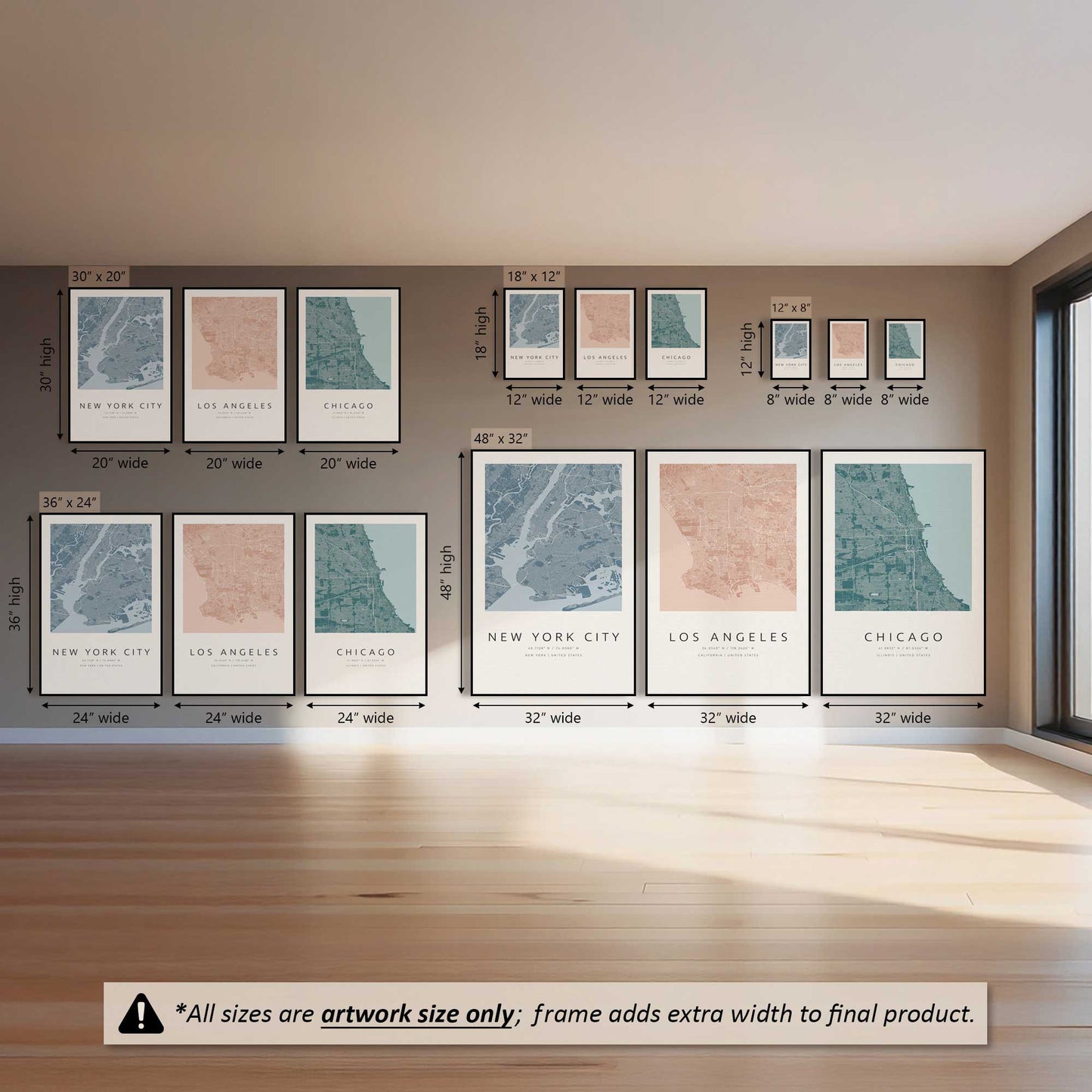 Chicago, Los Angeles & New York City Street Maps, Set of 3 Prints on Canvas