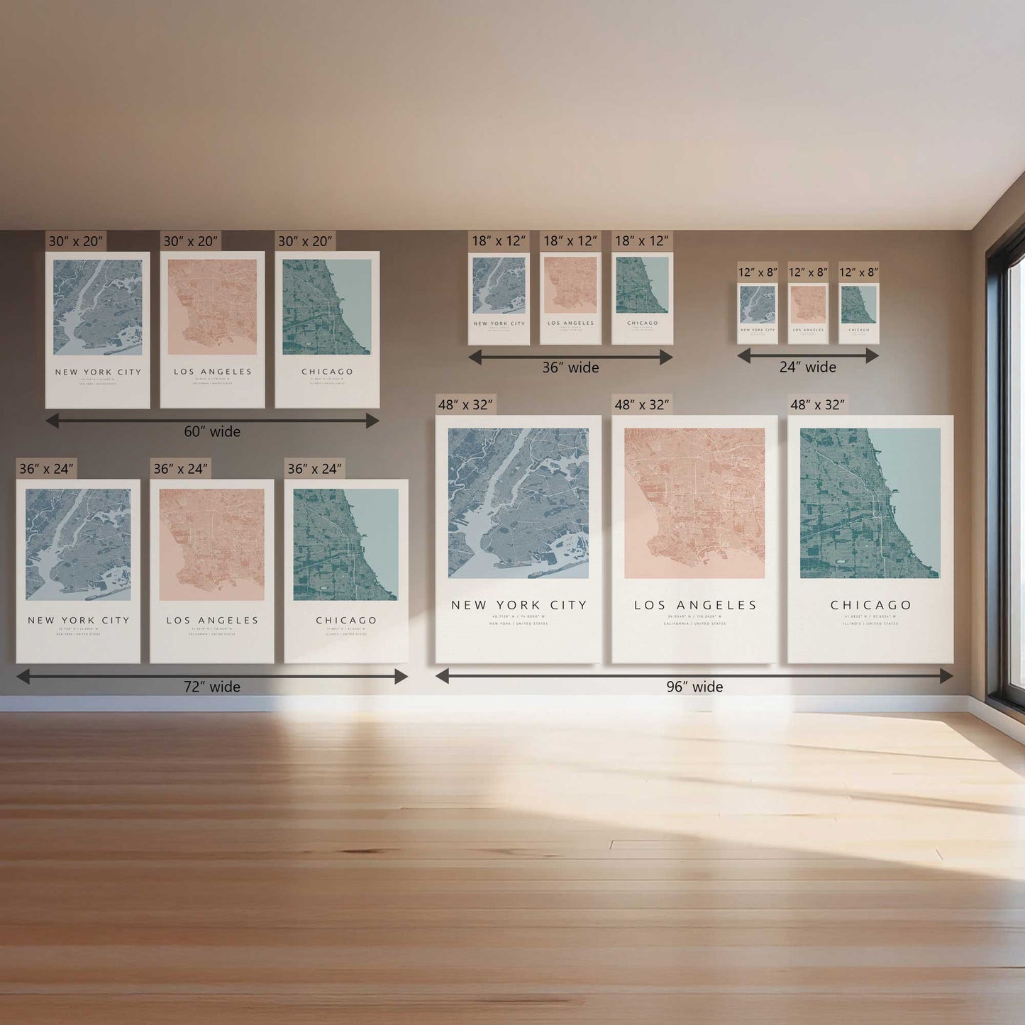 Chicago, Los Angeles & New York City Street Maps, Set of 3 Prints on Canvas