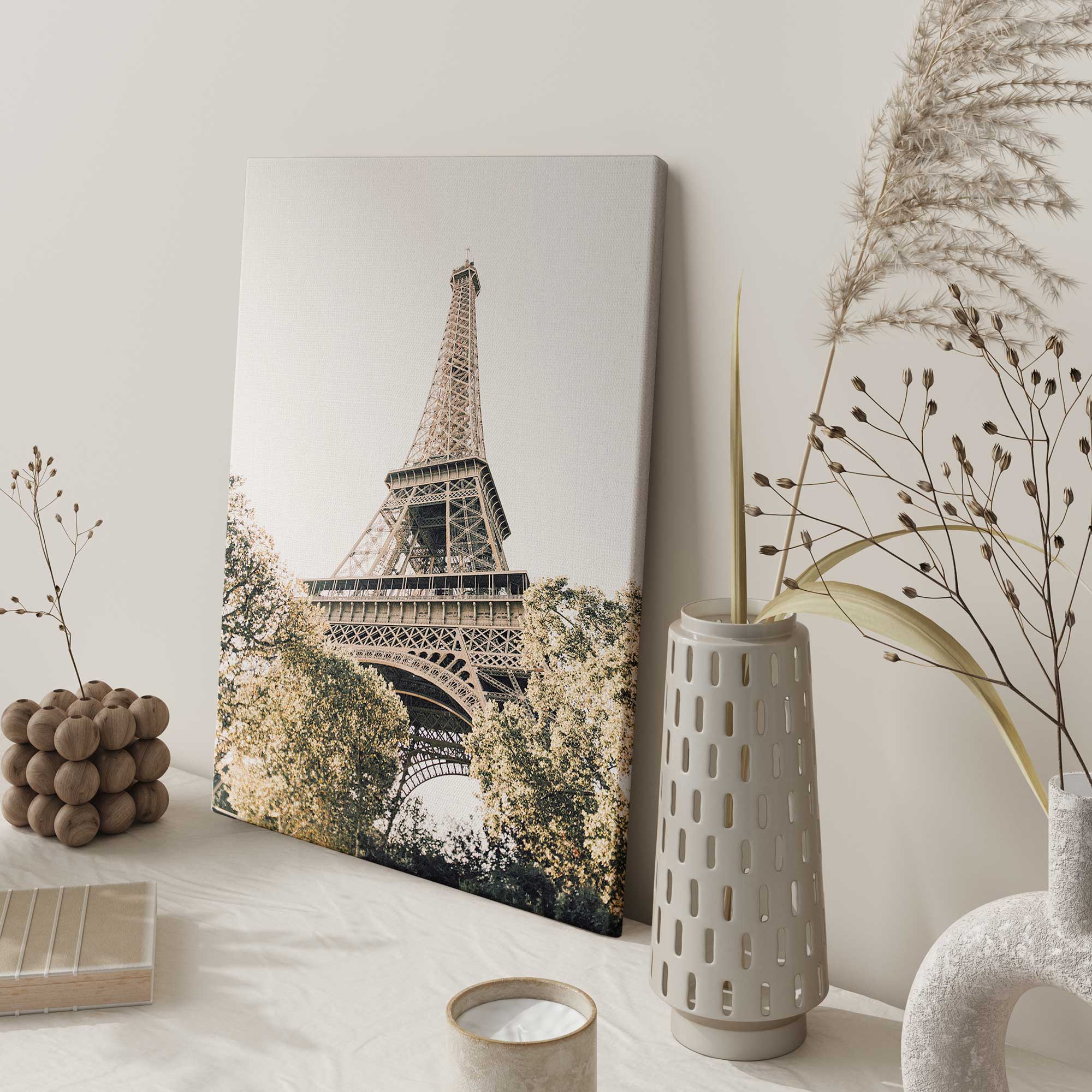 Eiffel tower print on a canvas on a desk