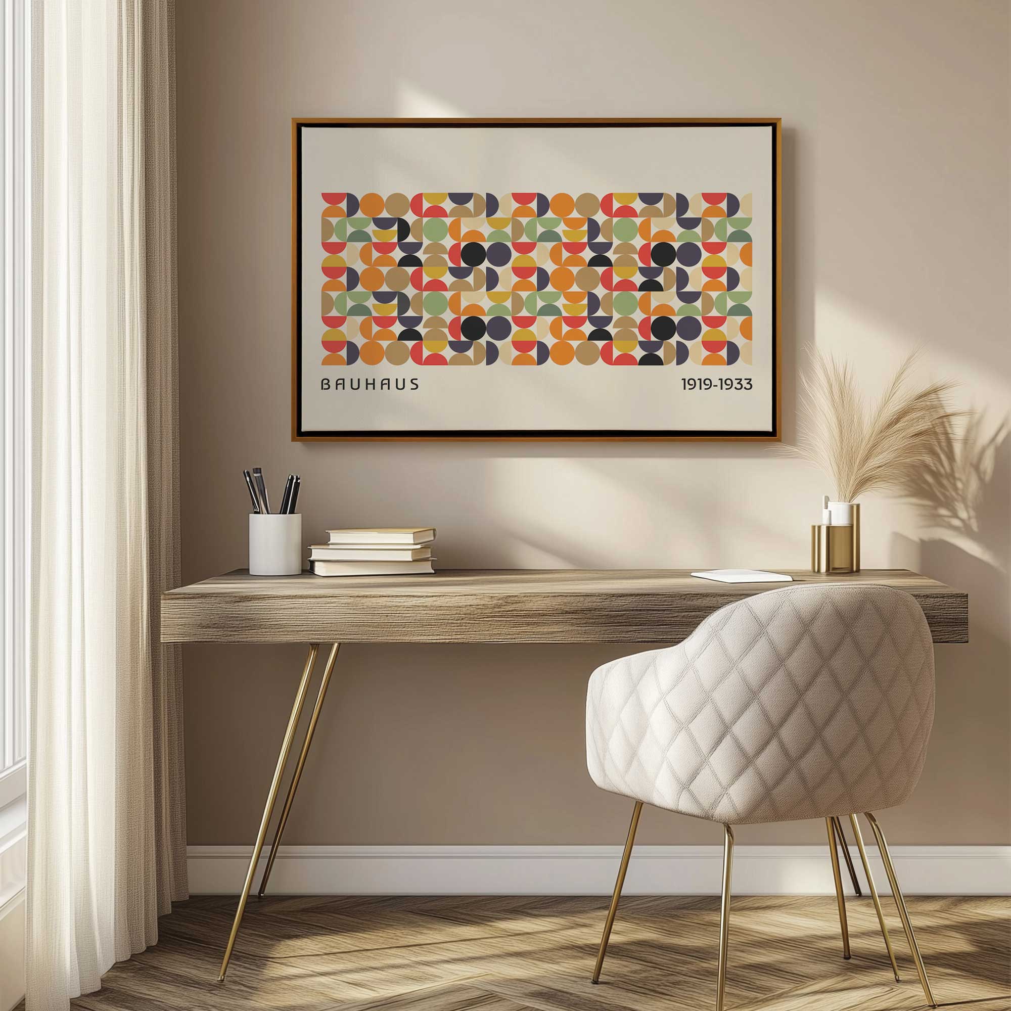 bauahus geometric harmony I canvas print hanging above a desk