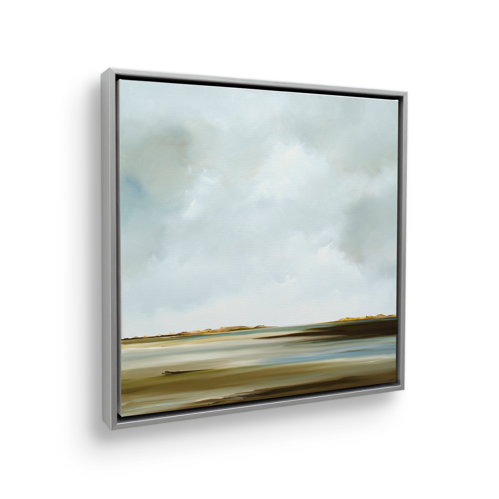 [color:Polished Chrome],[shape:square], Picture of art in a black frame at angle
