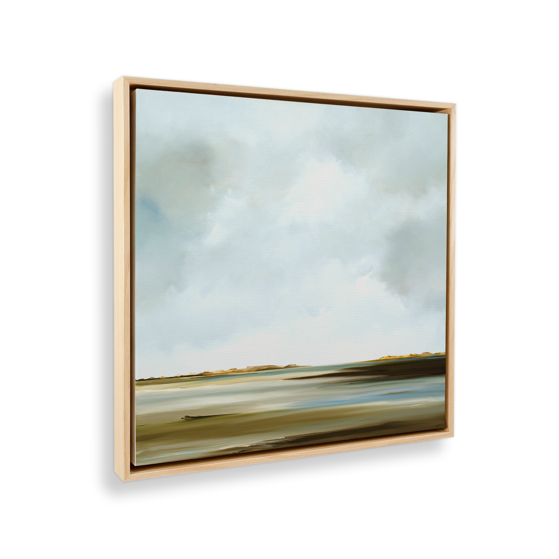 [color:American Maple],[shape:square], Picture of art in a black frame at angle