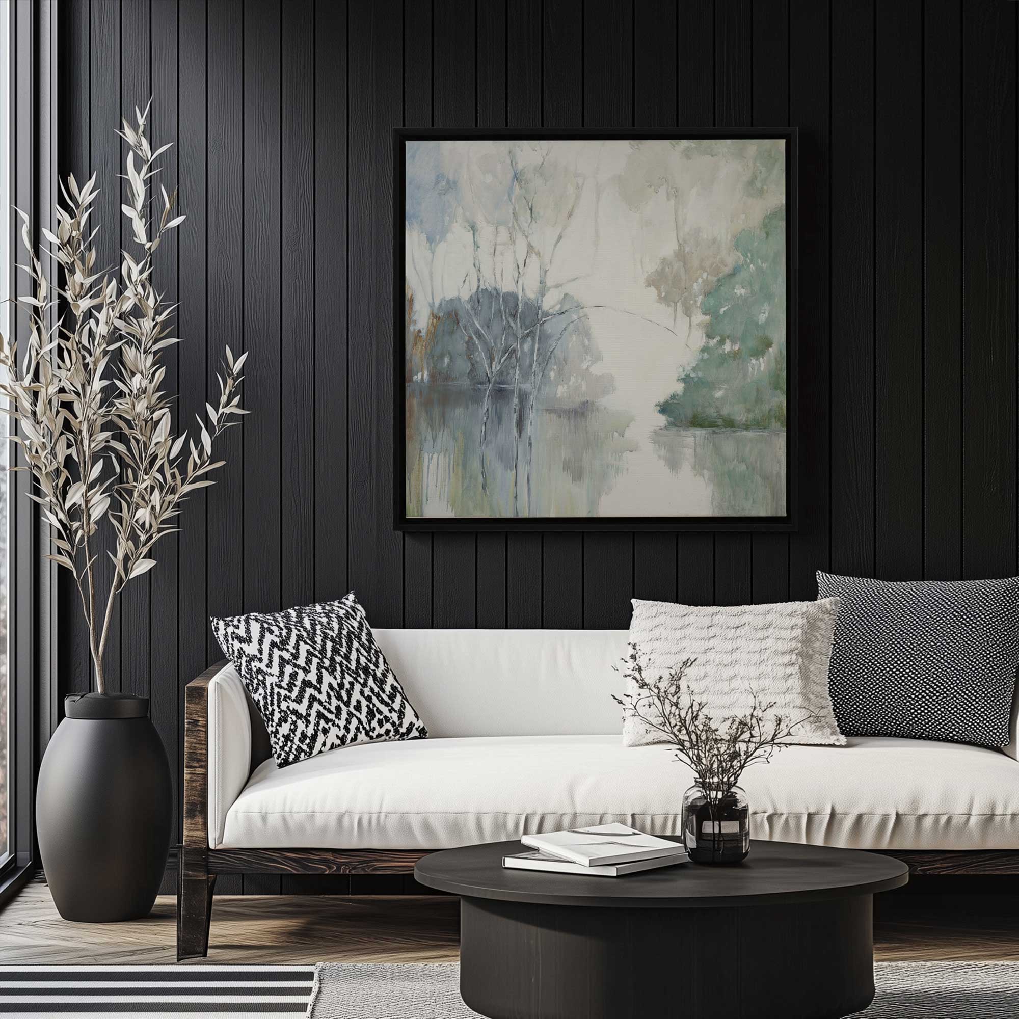 tranquil waterscape watercolor print hanging above couch