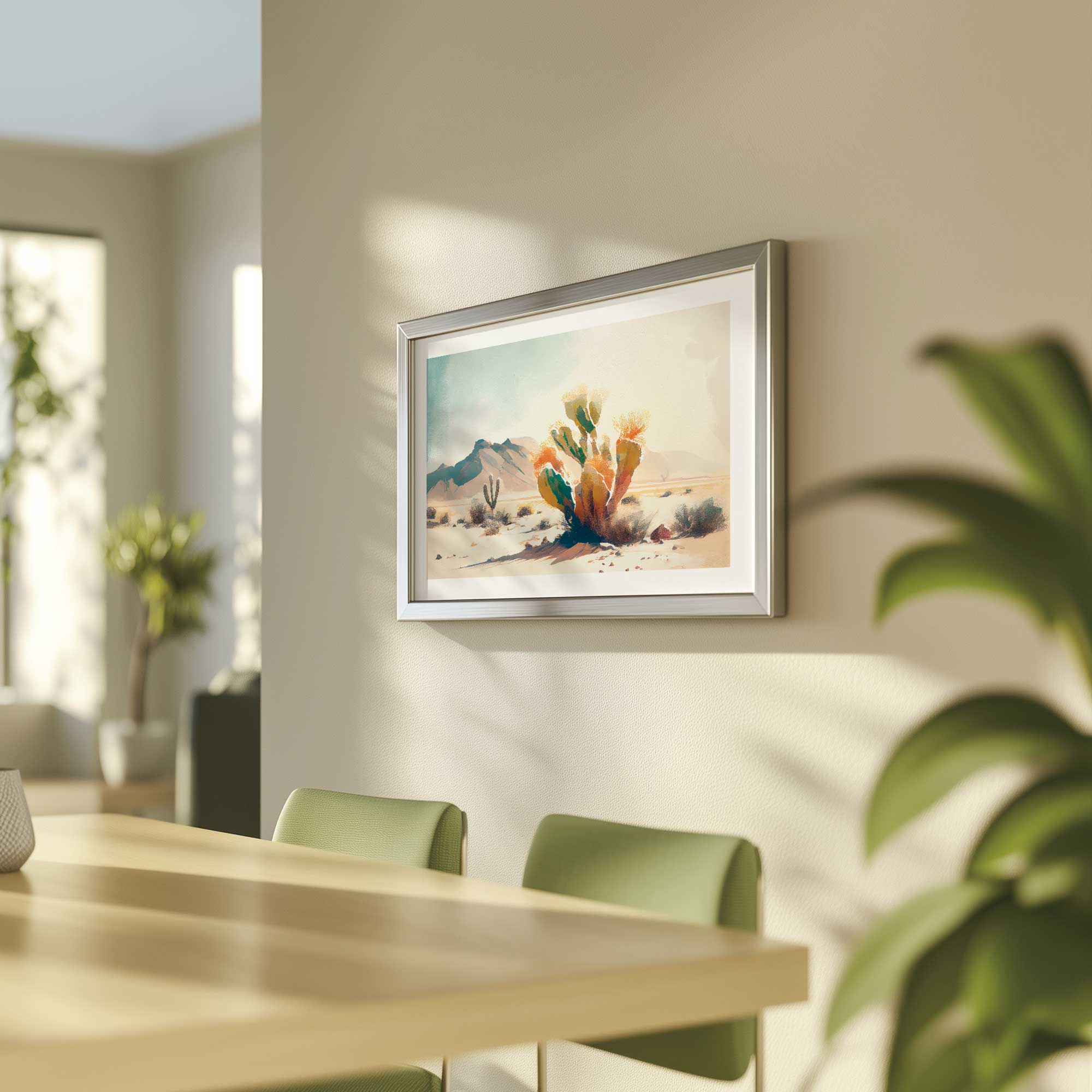 vivid desert tranquility print of a cactus hanging in dining room