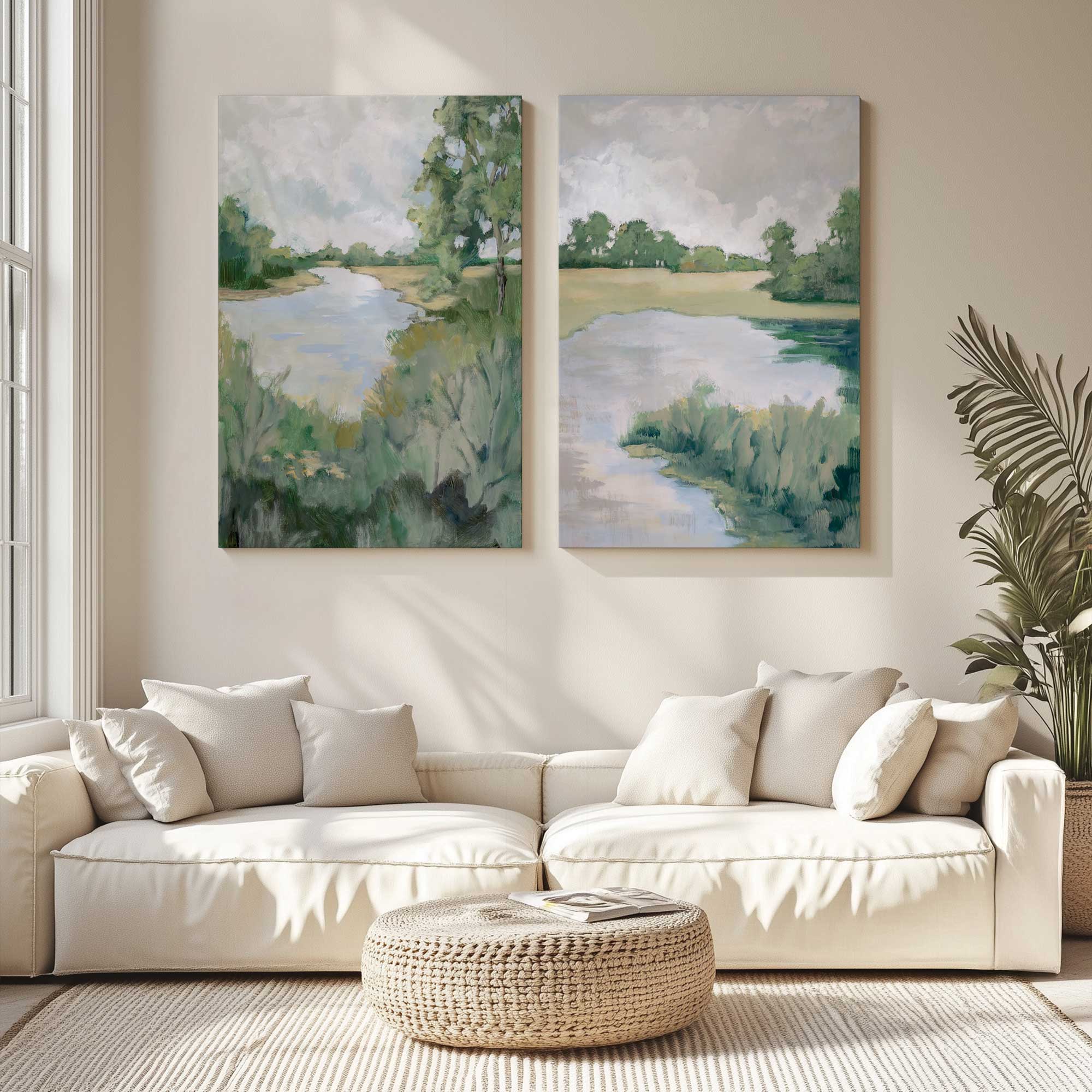 Peaceful river side view set of 2 canvas prints hanging in elegant living room