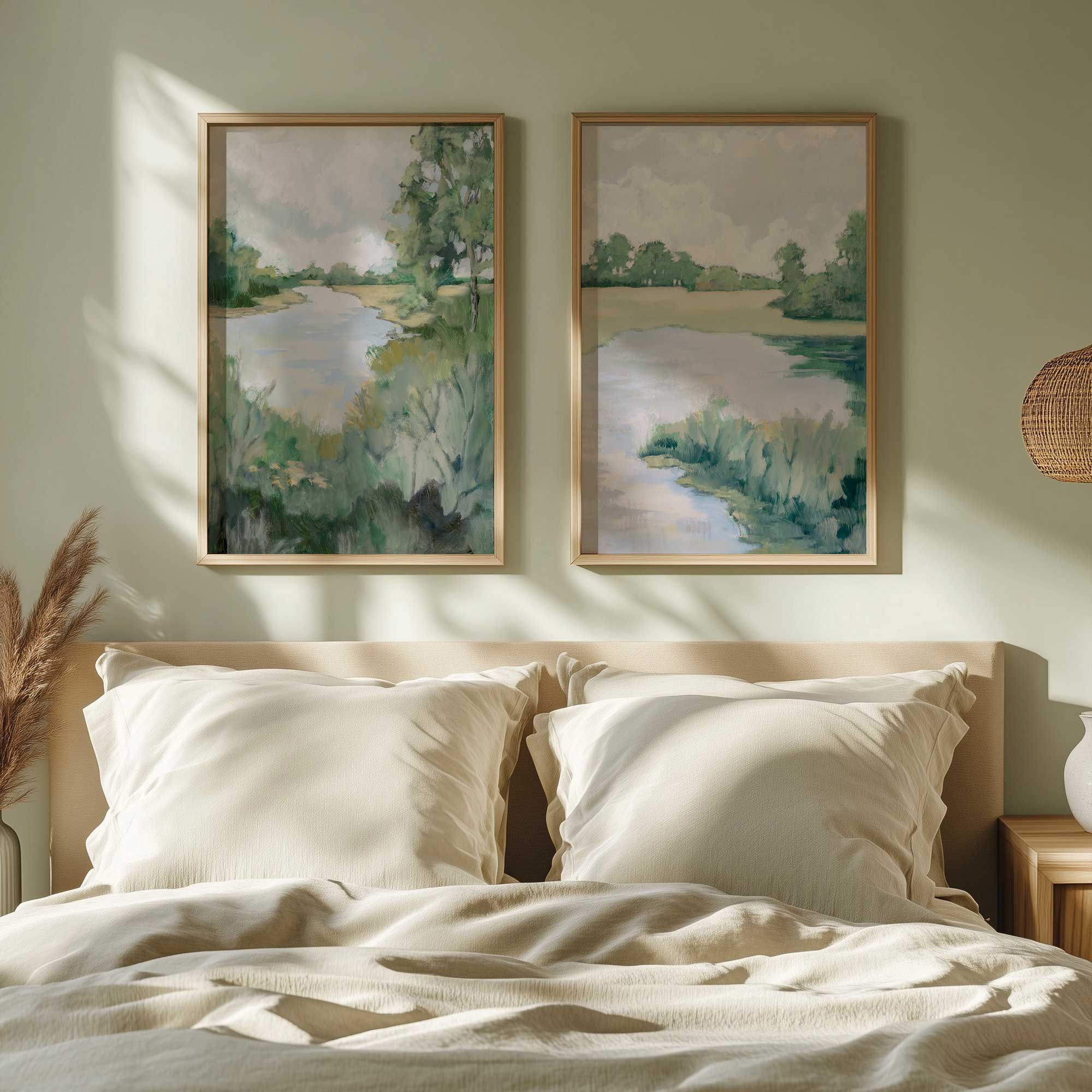 peaceful riverside view set of 2 maple framed prints hanging above the bed
